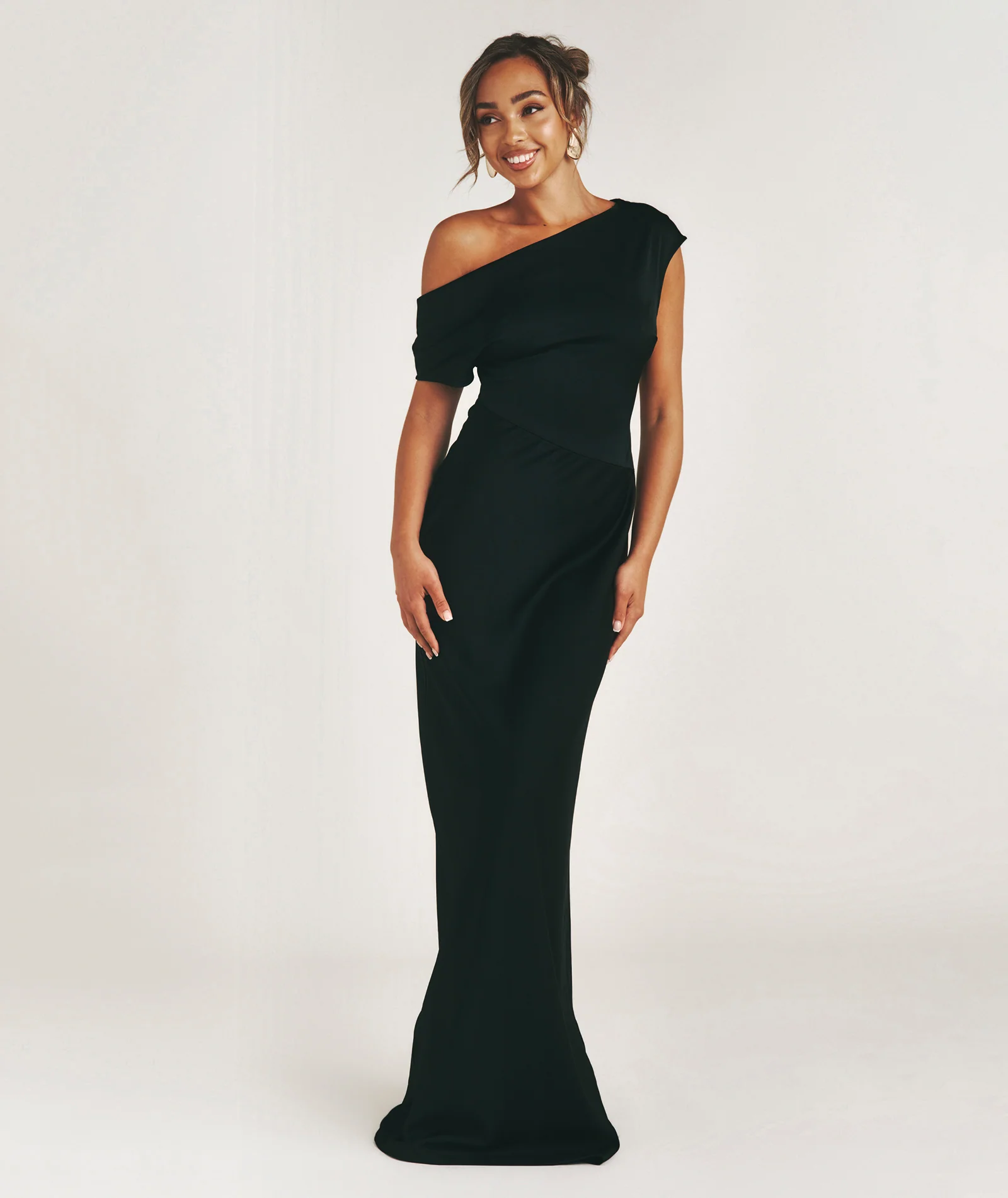 Asymmetric Neck Satin Bridesmaid Dress - Black