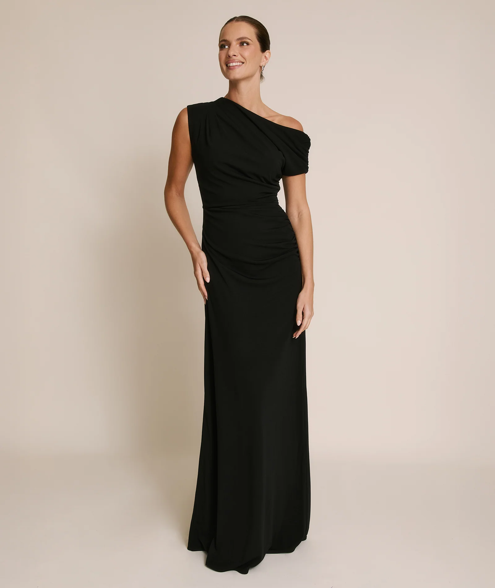 Asymmetric Neck Stretch Sculpt Bridesmaid Dress - Black - Image 2