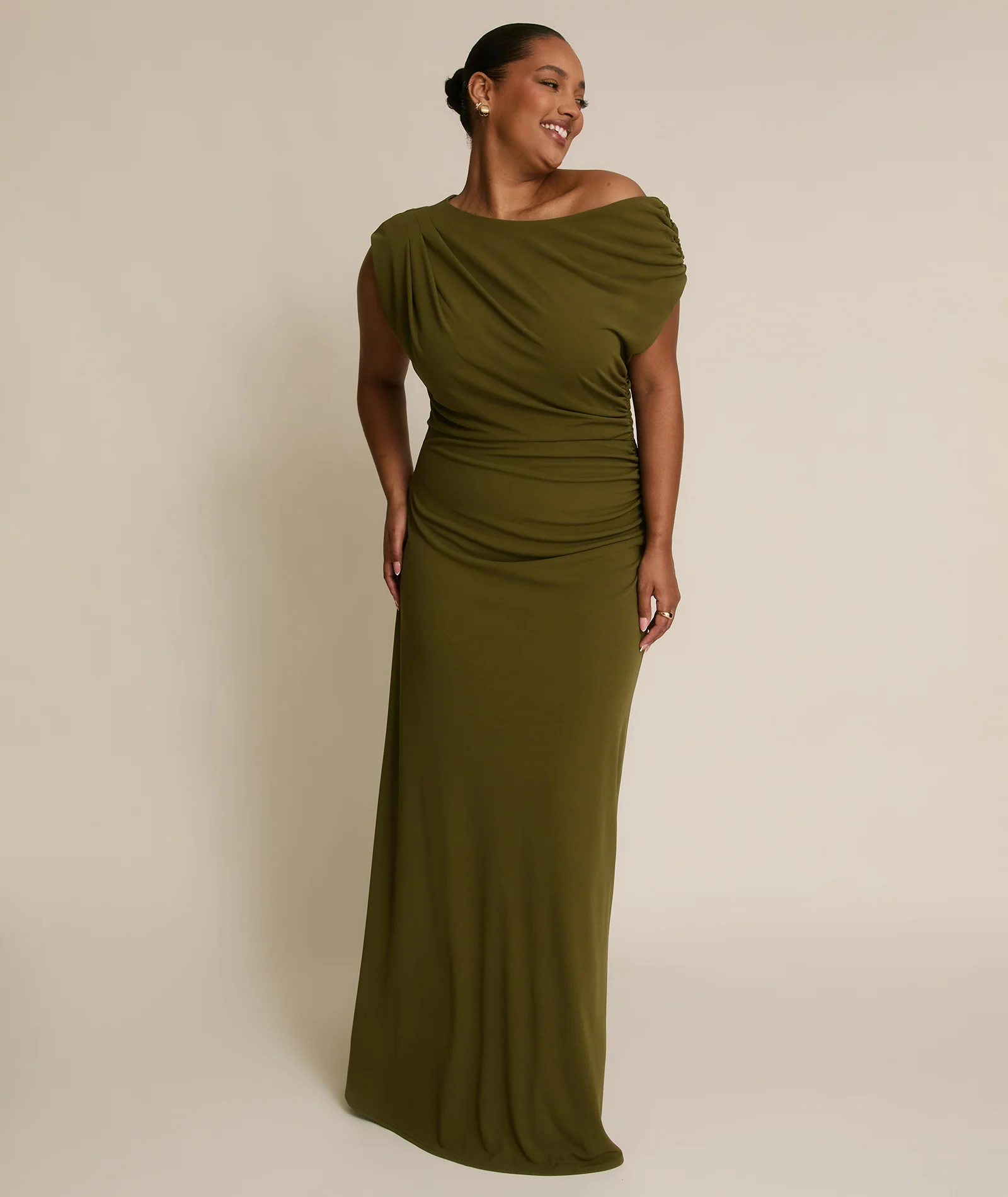Asymmetric Neck Stretch Sculpt Bridesmaid Dress - Fern Green