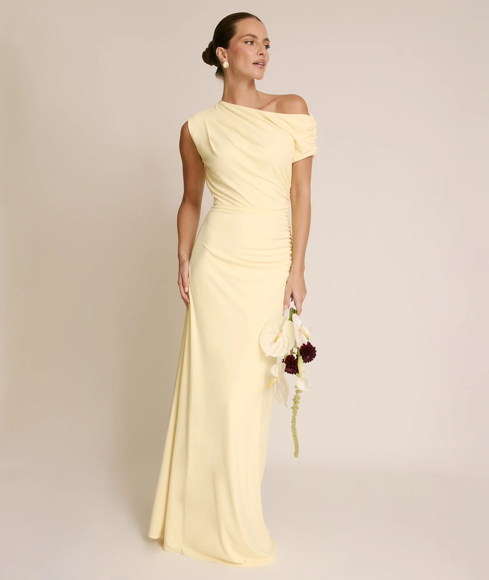 Asymmetric Neck Stretch Sculpt Bridesmaid Dress - Lemon - Image 2