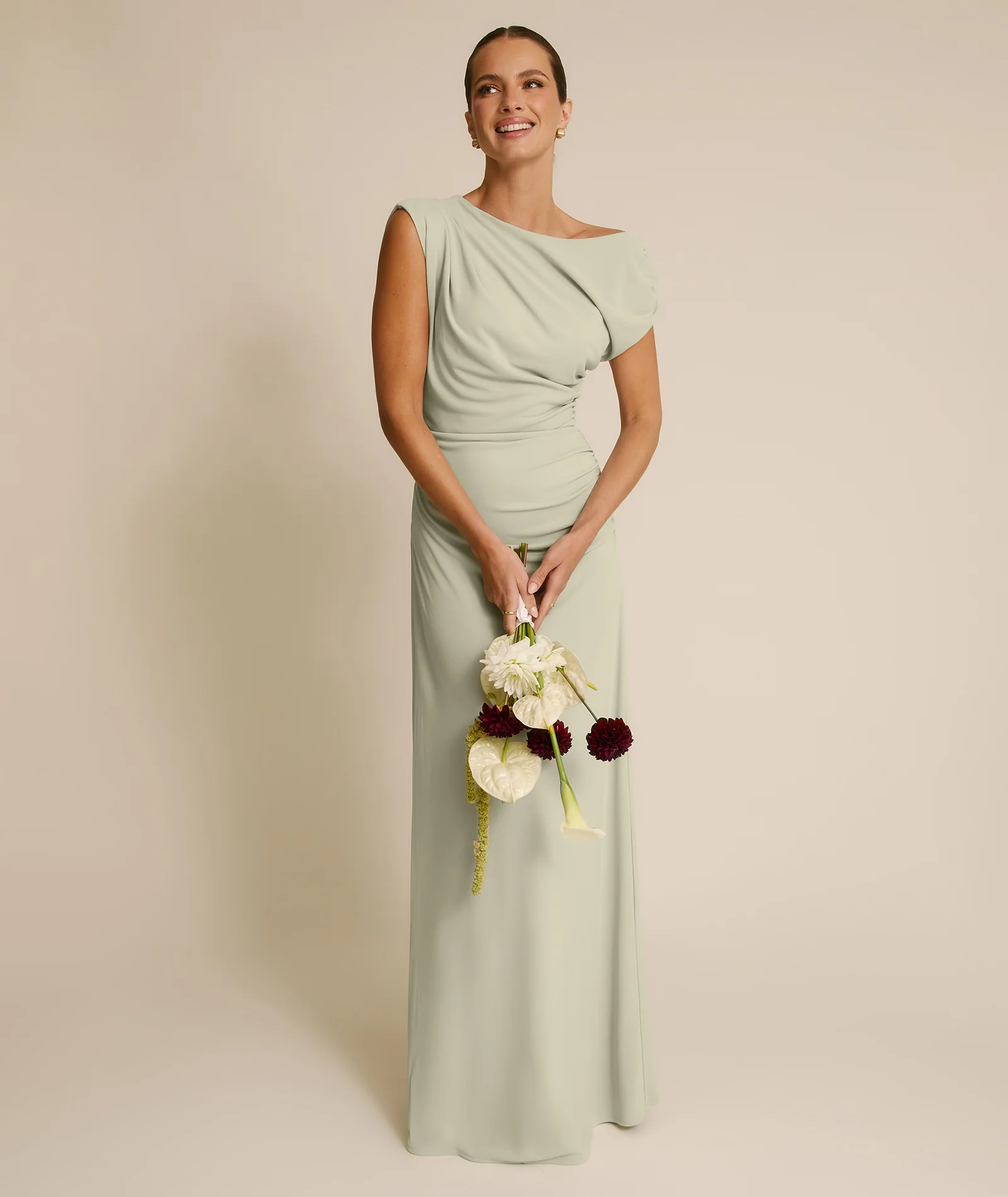 Asymmetric Neck Stretch Sculpt Bridesmaid Dress - Soft Sage