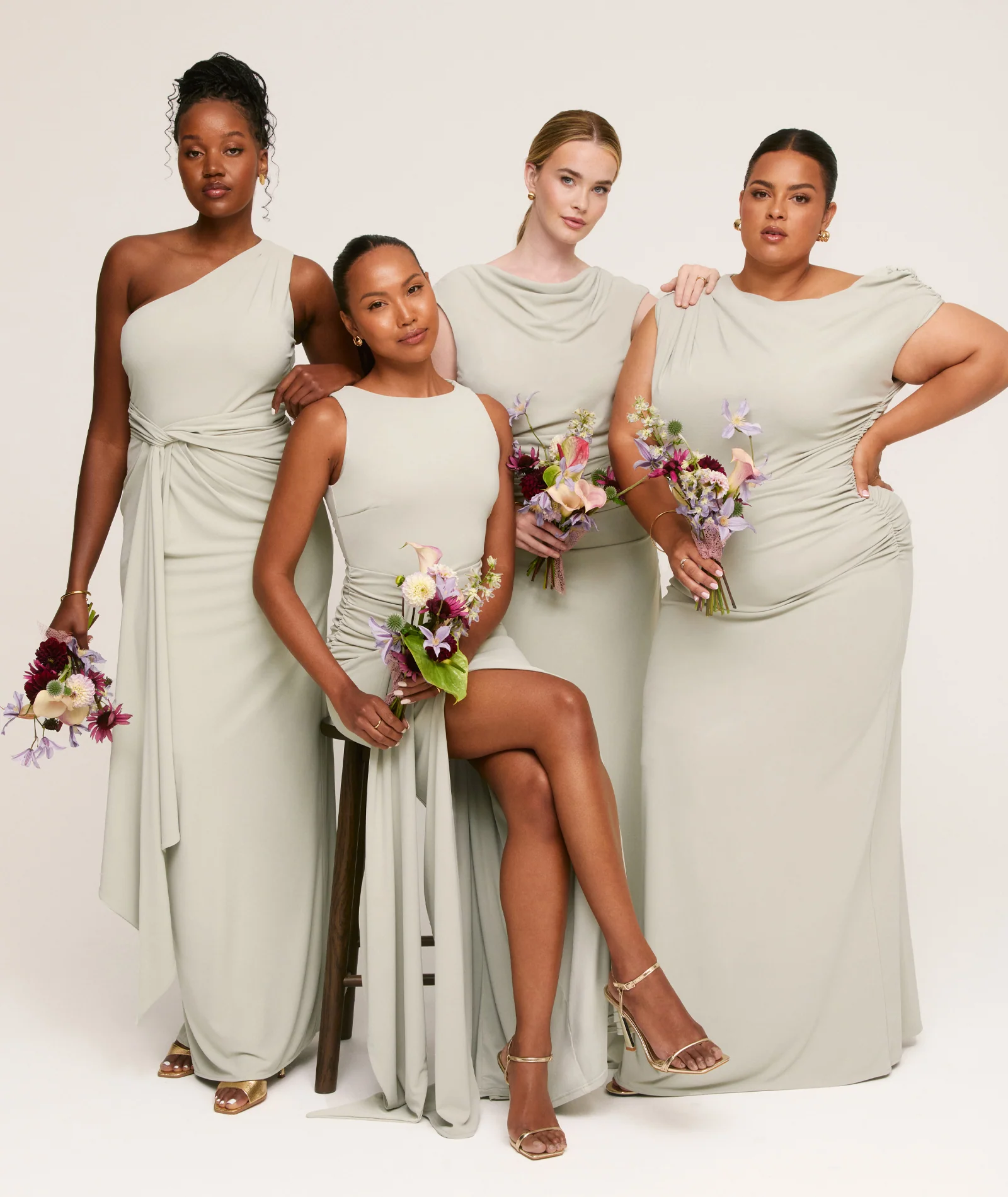 Asymmetric Neck Stretch Sculpt Bridesmaid Dress - Soft Sage - Image 2