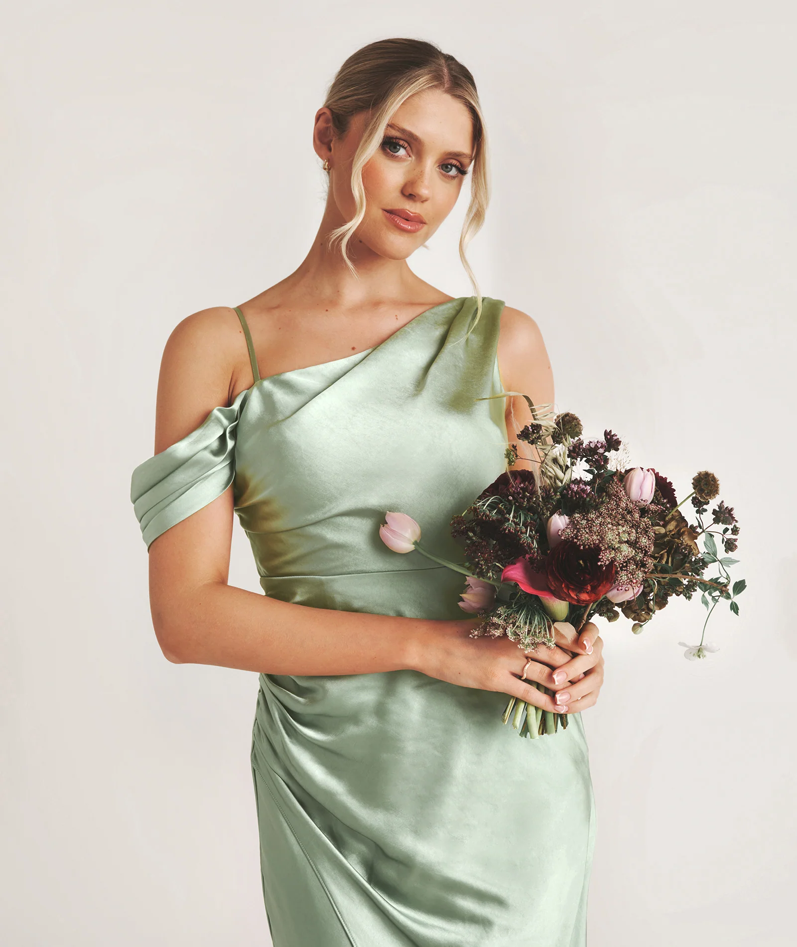 Asymmetrical Satin Bridesmaid Dress - Sage - Image 2