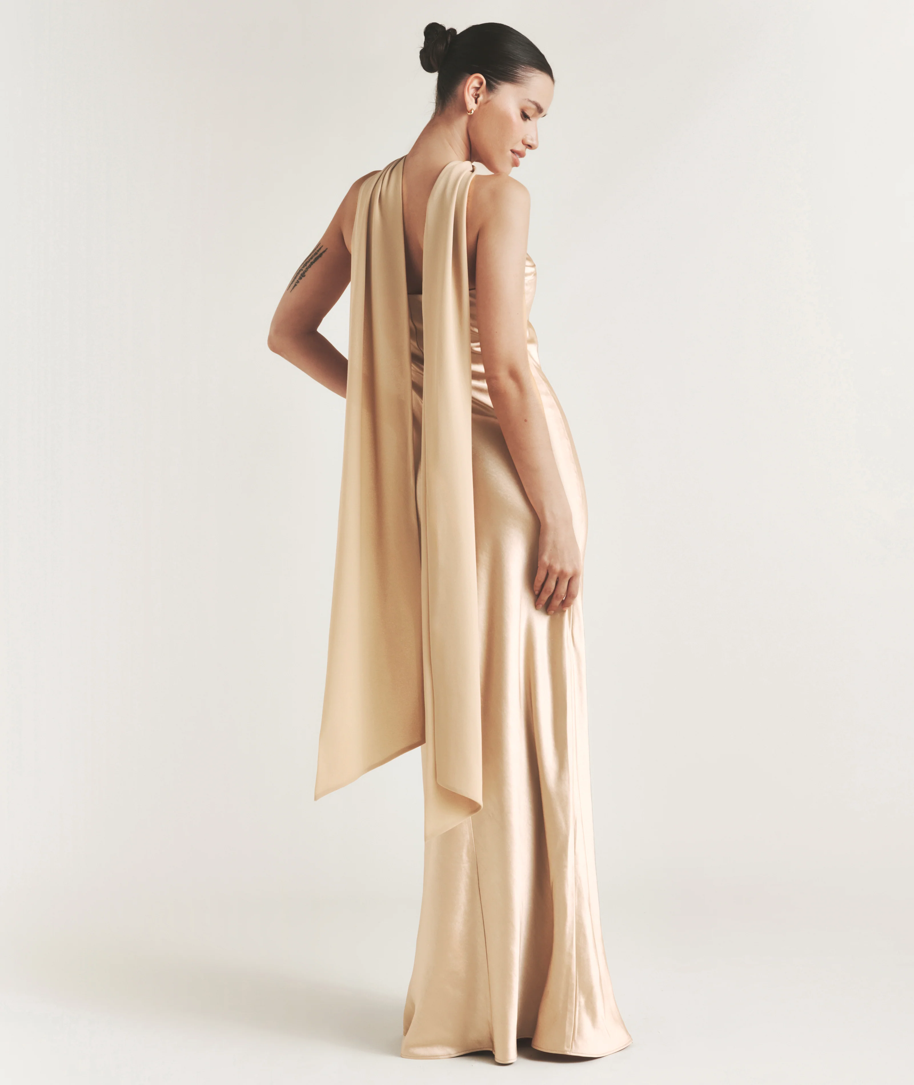 Bandeau Satin Bridesmaid Dress with Chiffon Neck Scarf - Champagne - Image 2
