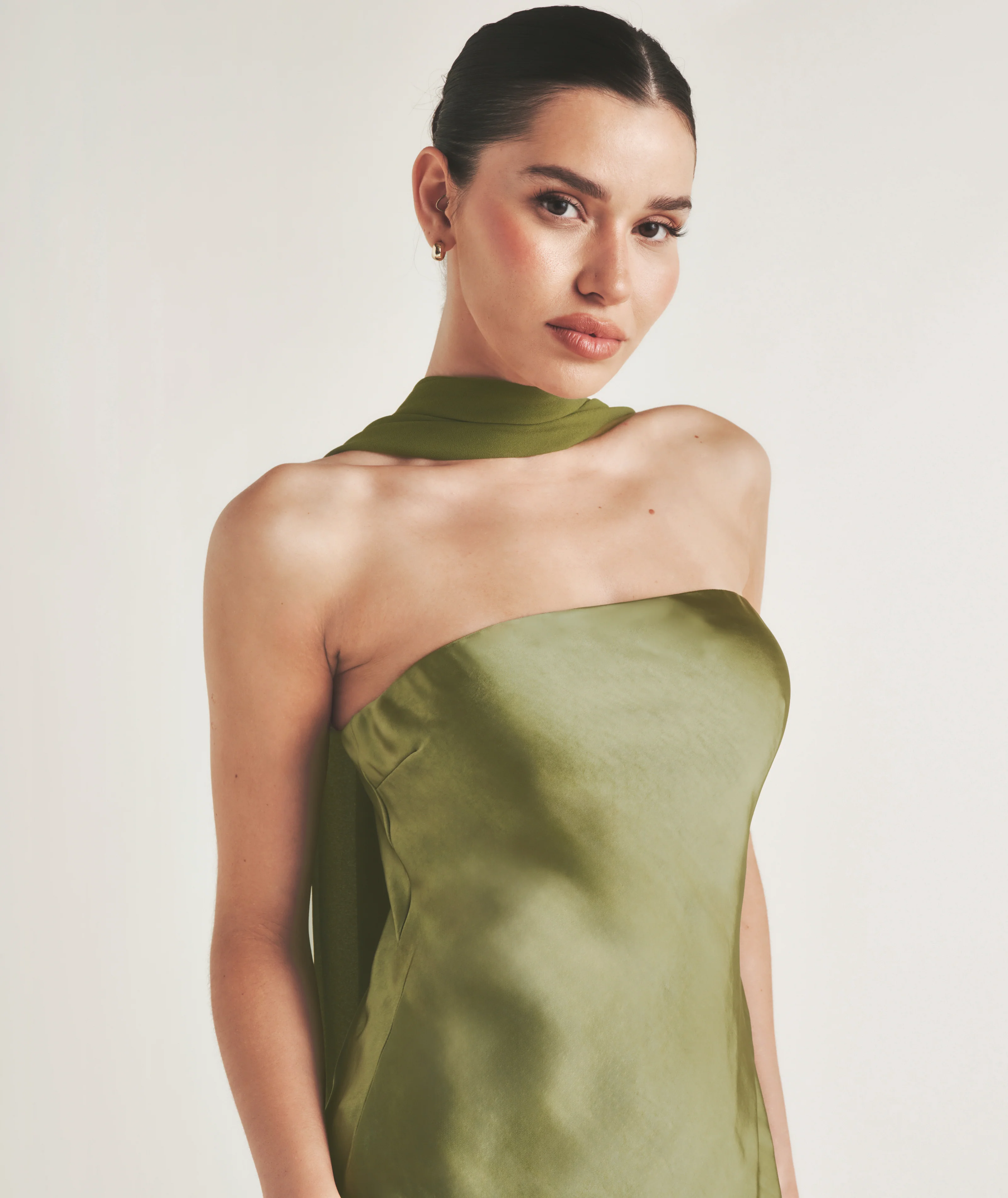 Bandeau Satin Bridesmaid Dress with Chiffon Neck Scarf - Moss Green - Image 2