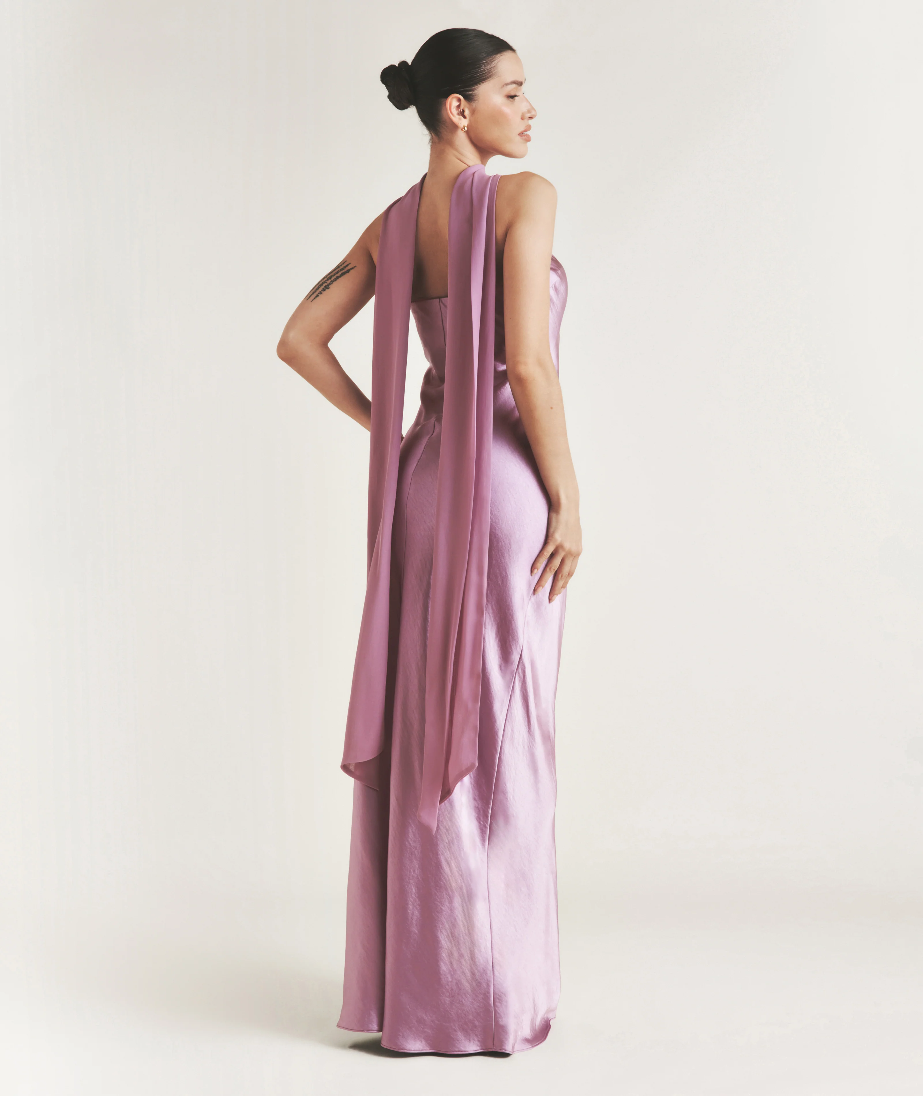 Bandeau Satin Bridesmaid Dress with Chiffon Neck Scarf - Orchid - Image 2