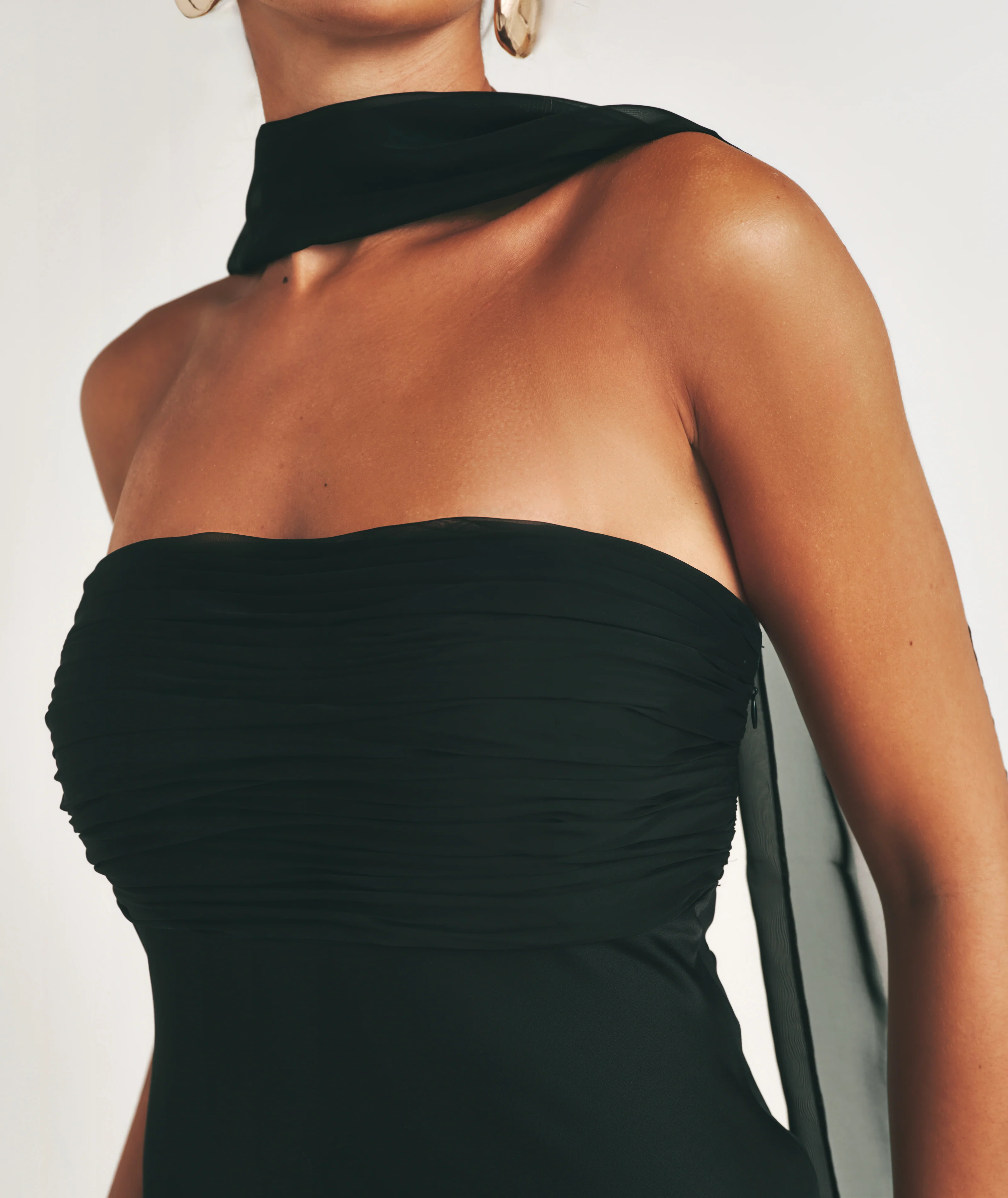 Bandeau Satin Bridesmaid Dress with Neck Tie - Black - Image 2
