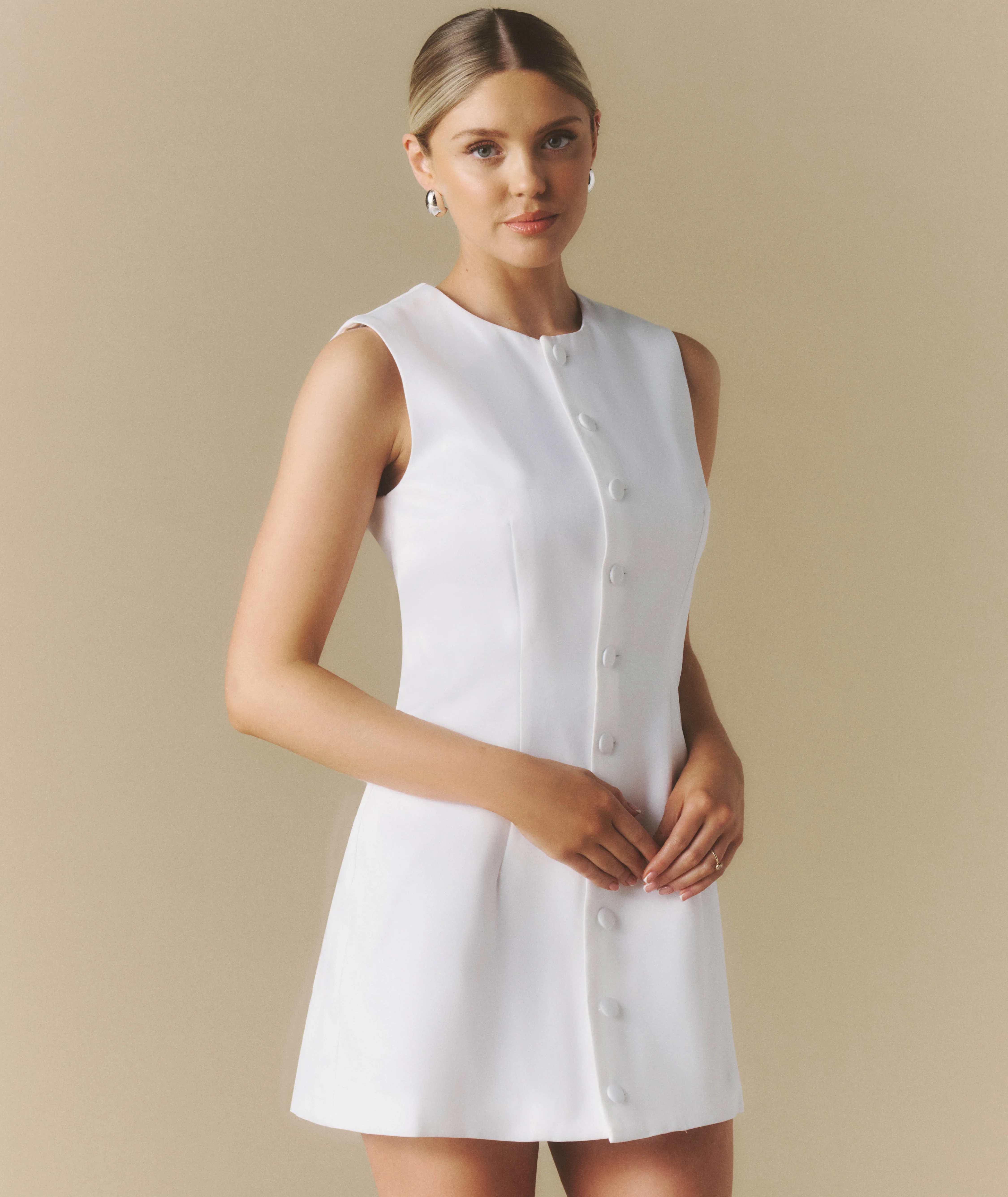 Button Through Satin Tailored Mini Dress - White - Image 2