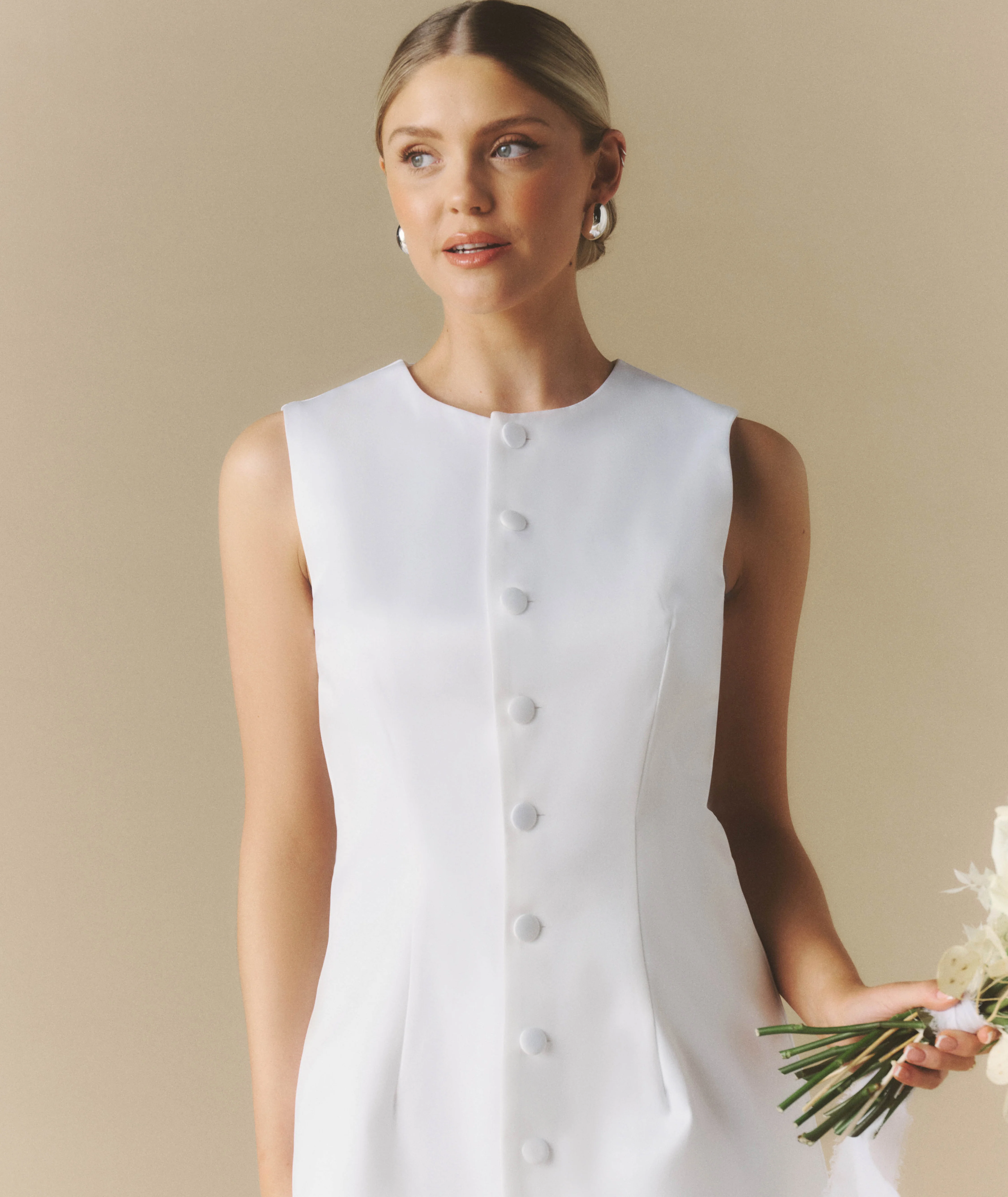 Button Through Satin Tailored Mini Dress - White - Image 5