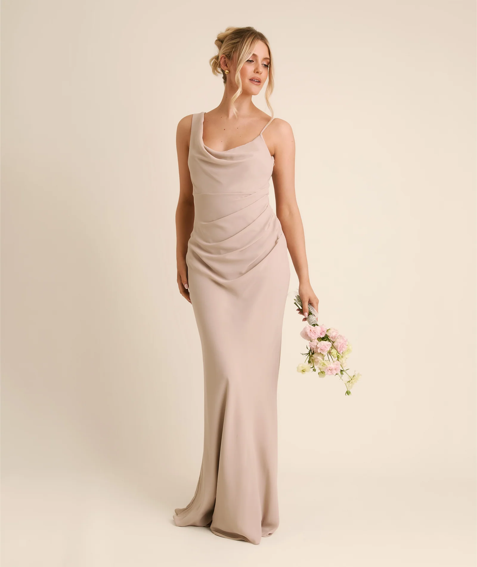 Cowl Asymmetrical Chiffon Bridesmaid Dress - Taupe