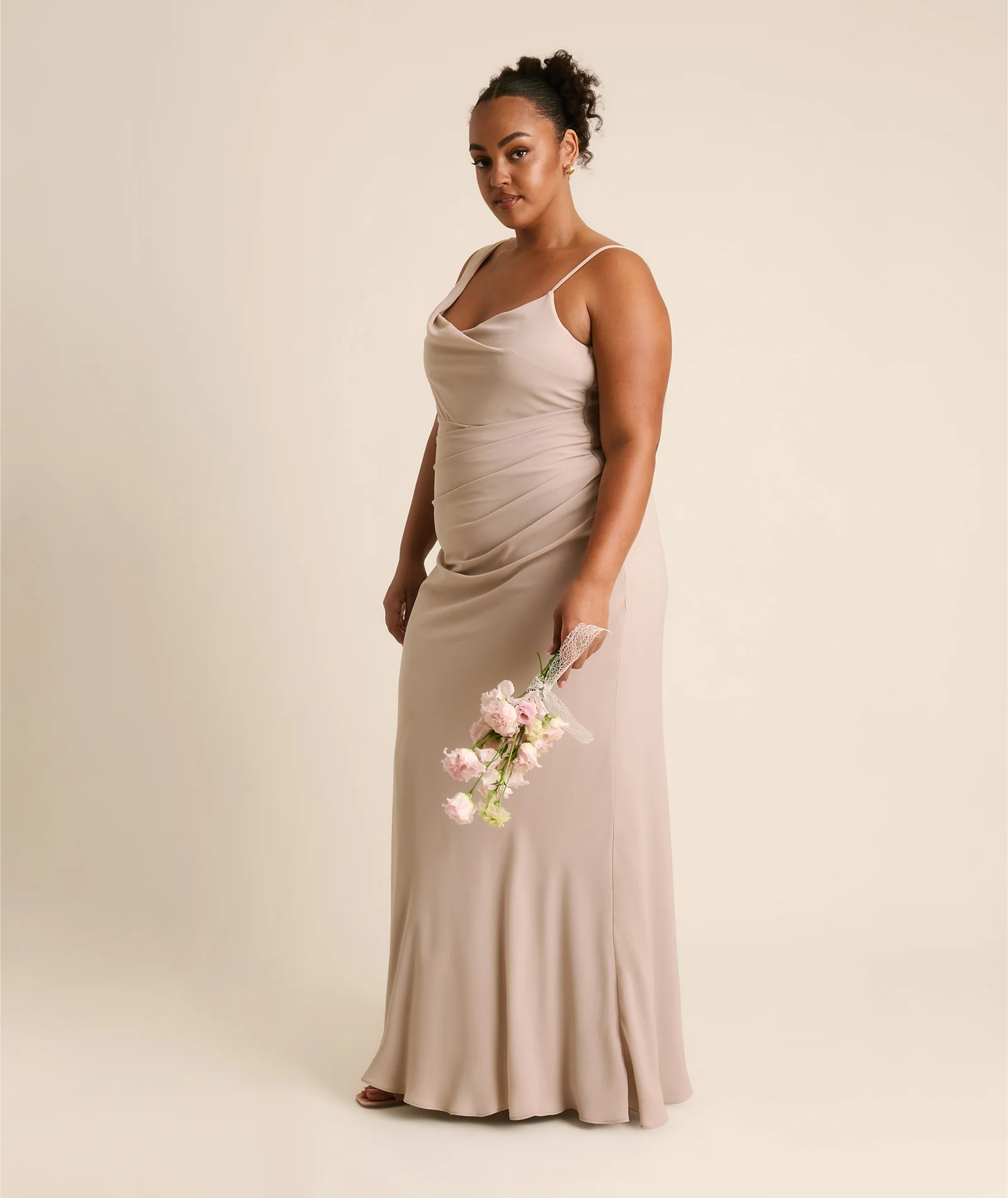 Cowl Asymmetrical Chiffon Bridesmaid Dress - Taupe - Image 7