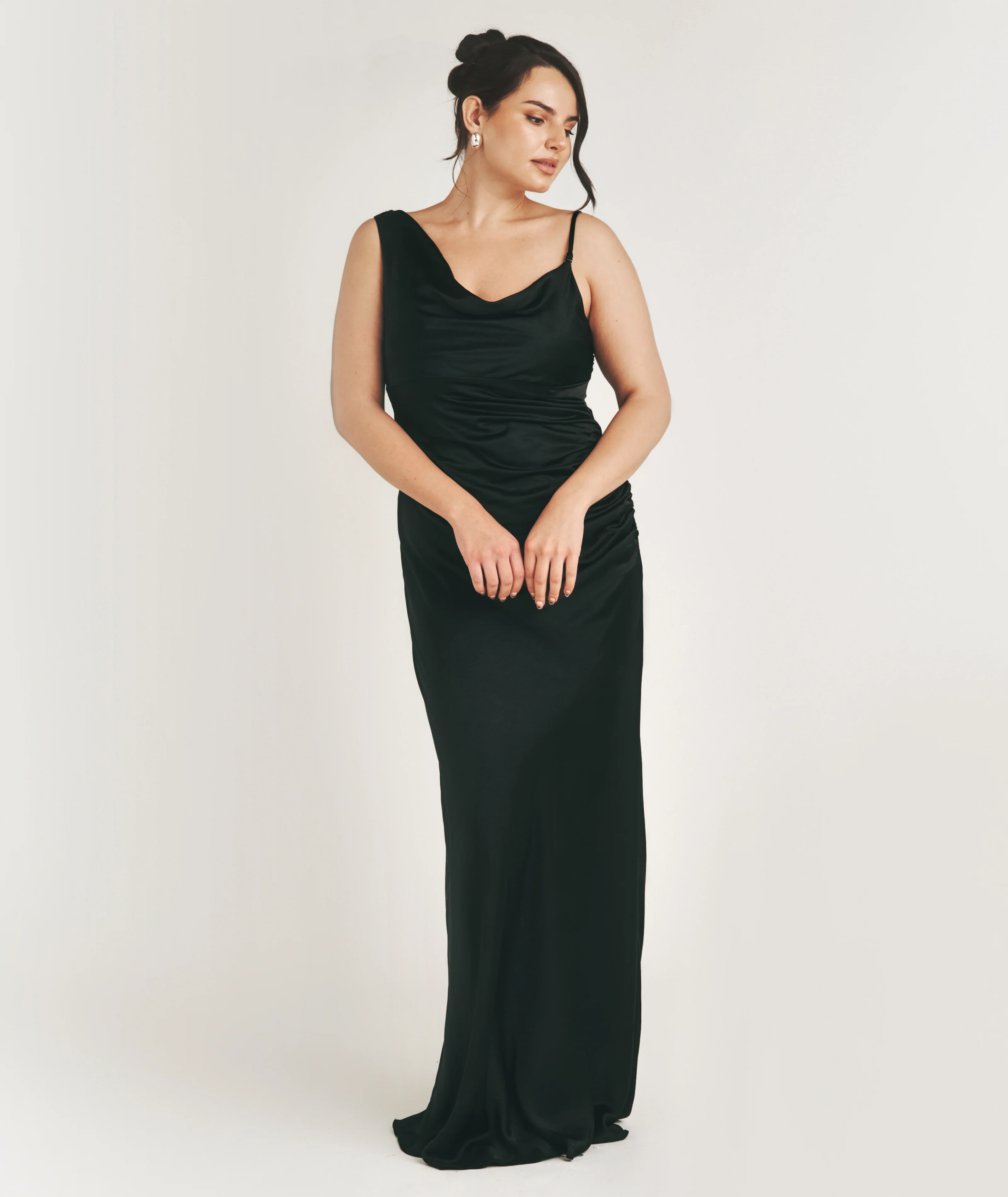 Cowl Asymmetrical Satin Bridesmaid Dress - Black - Image 2