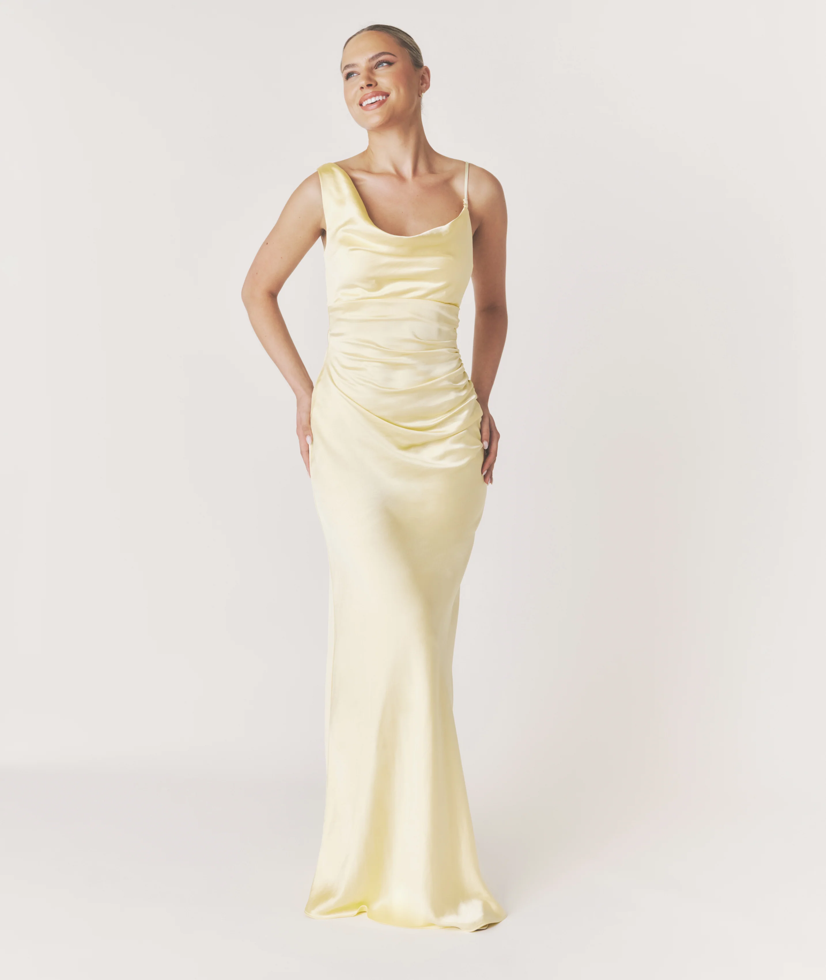Cowl Asymmetrical Satin Bridesmaid Dress - Butter Lemon