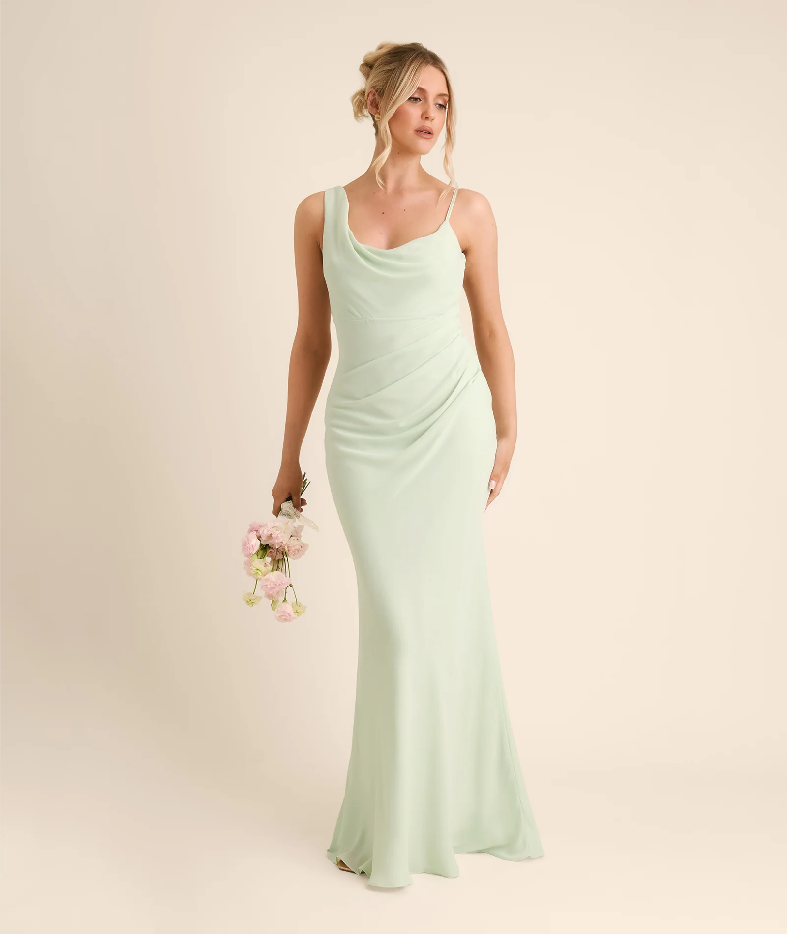 Cowl Front Asymmetrical Chiffon Bridesmaid Dress - Mint Green