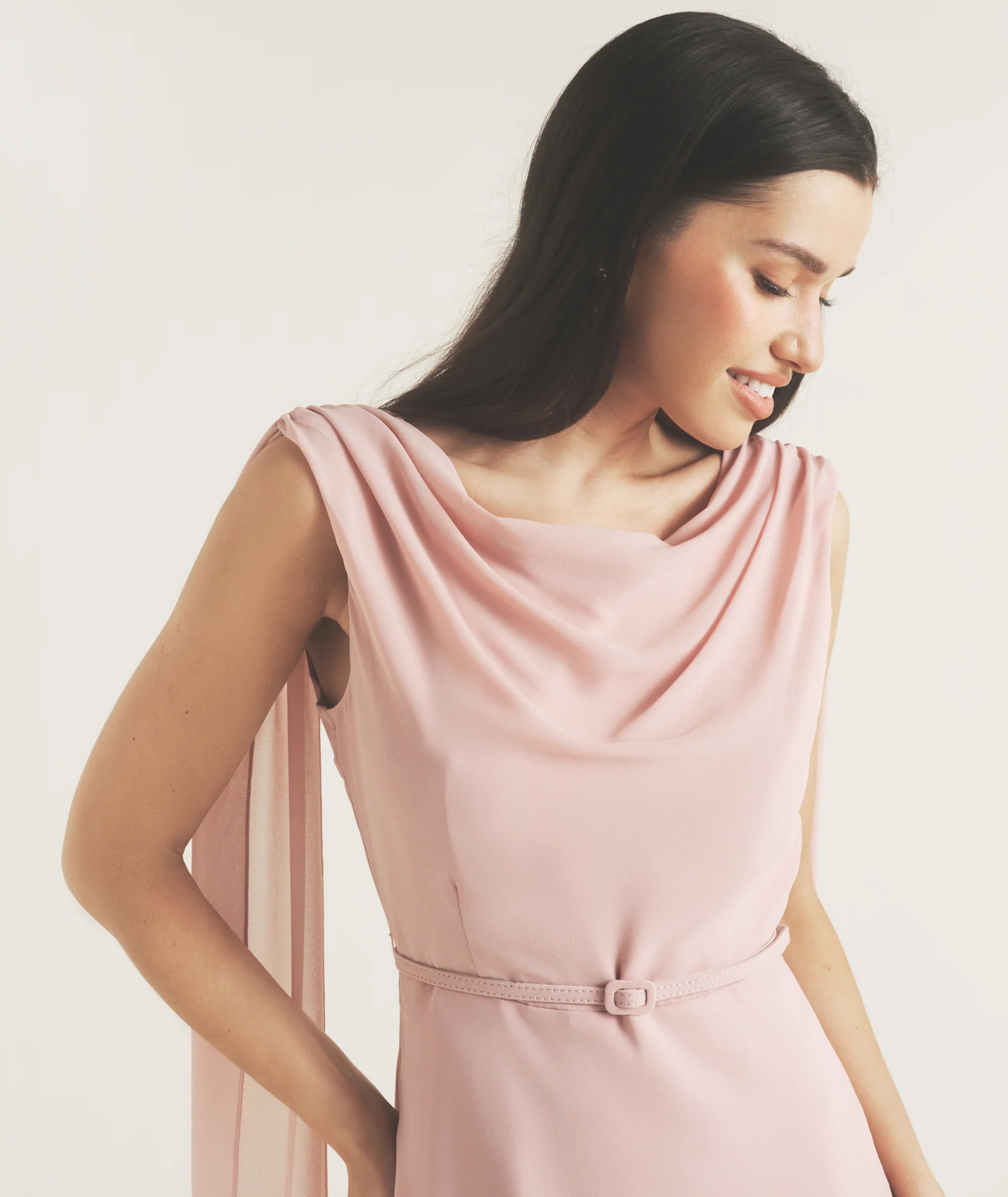 Cowl Front Drape Detail Belted Midi Dress - Rose - Image 2