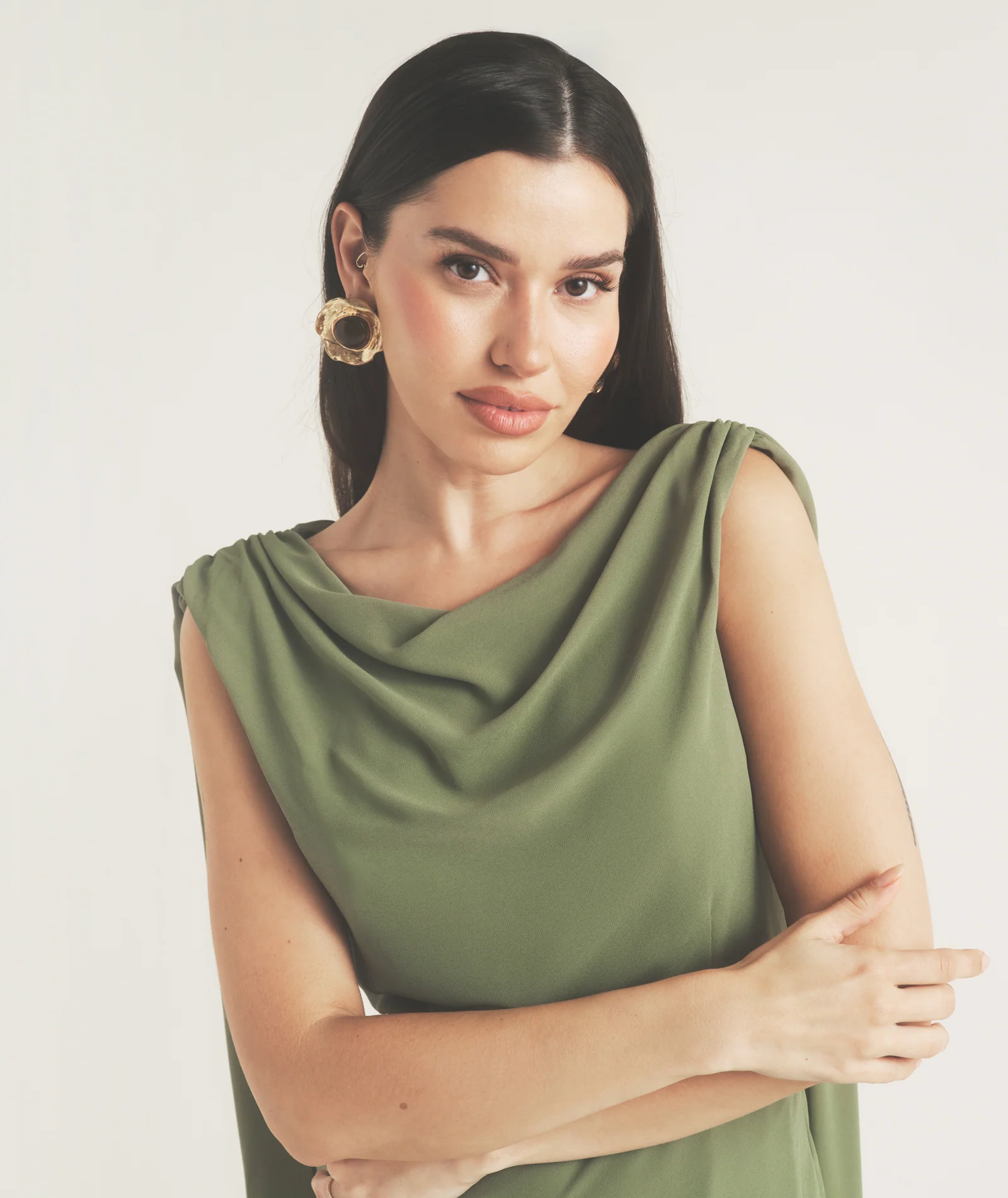 Cowl Front Drape Detail Belted Midi Dress - Sage - Image 2