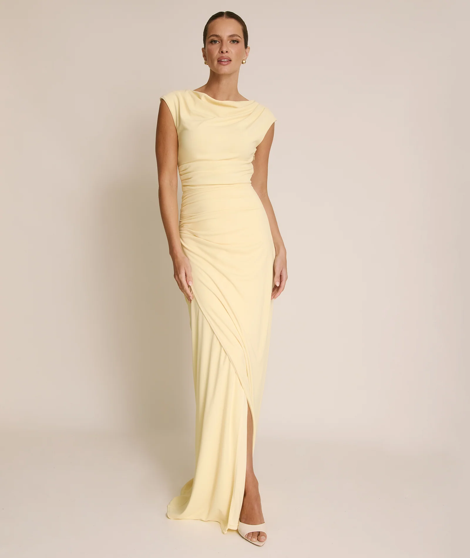 Cowl Wrap Neck Stretch Sculpt Bridesmaid Dress - Lemon