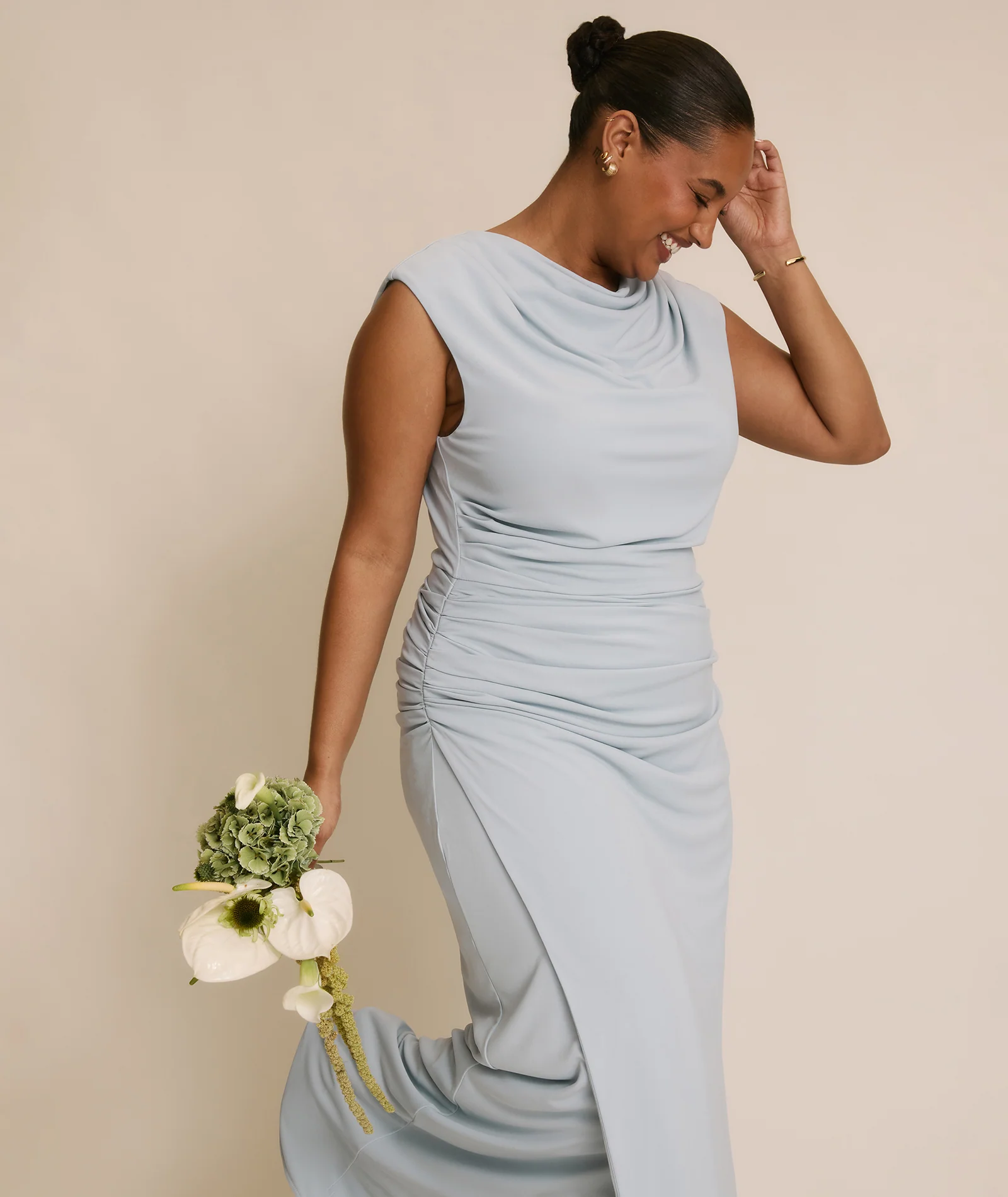 Cowl Wrap Neck Stretch Sculpt Bridesmaid Dress - Pale Blue - Image 2