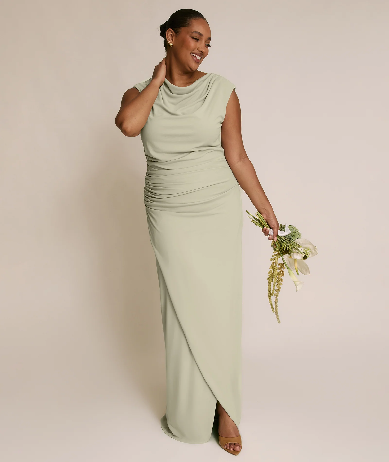 Cowl Wrap Neck Stretch Sculpt Bridesmaid Dress - Soft Sage