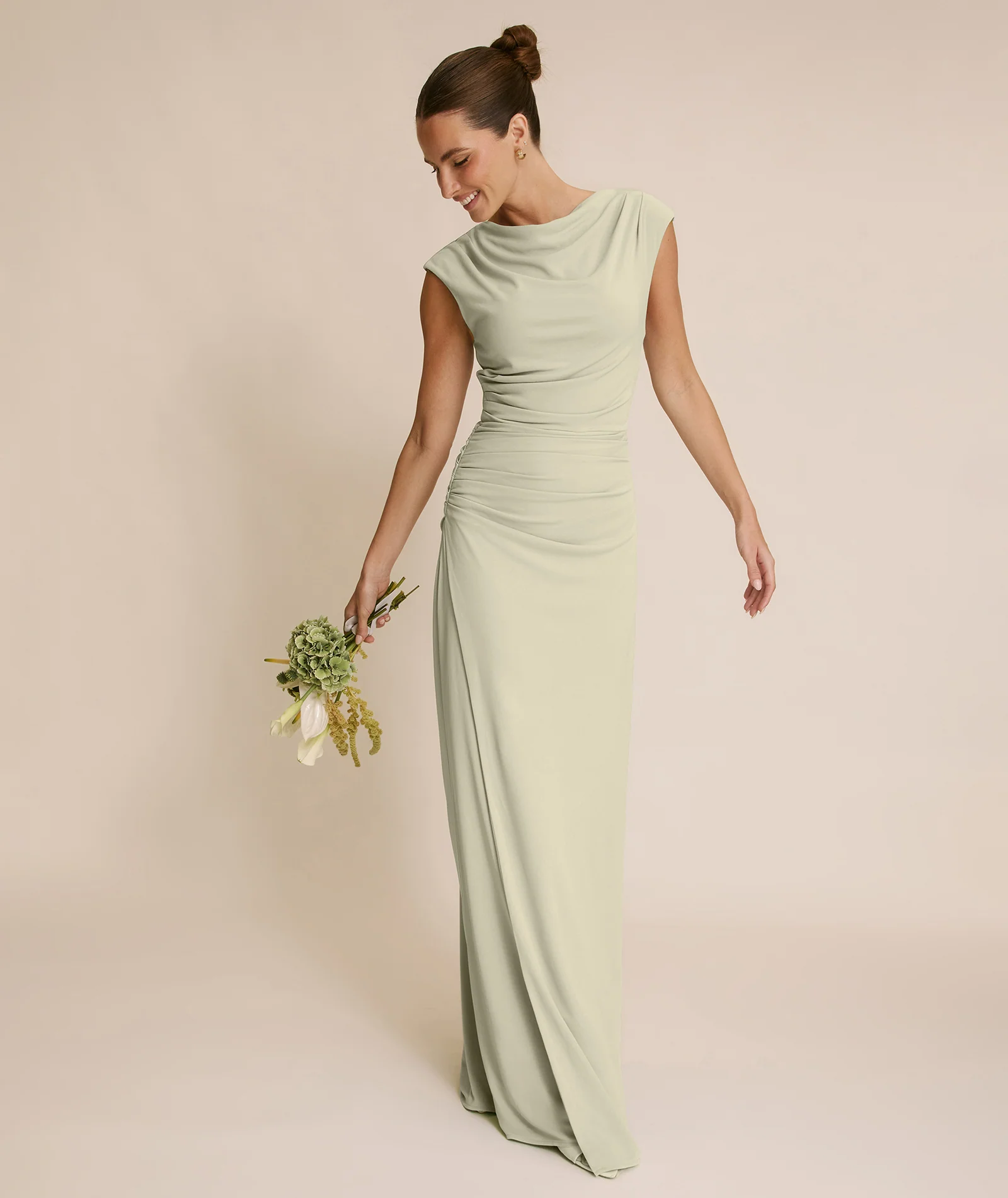 Cowl Wrap Neck Stretch Sculpt Bridesmaid Dress - Soft Sage - Image 2