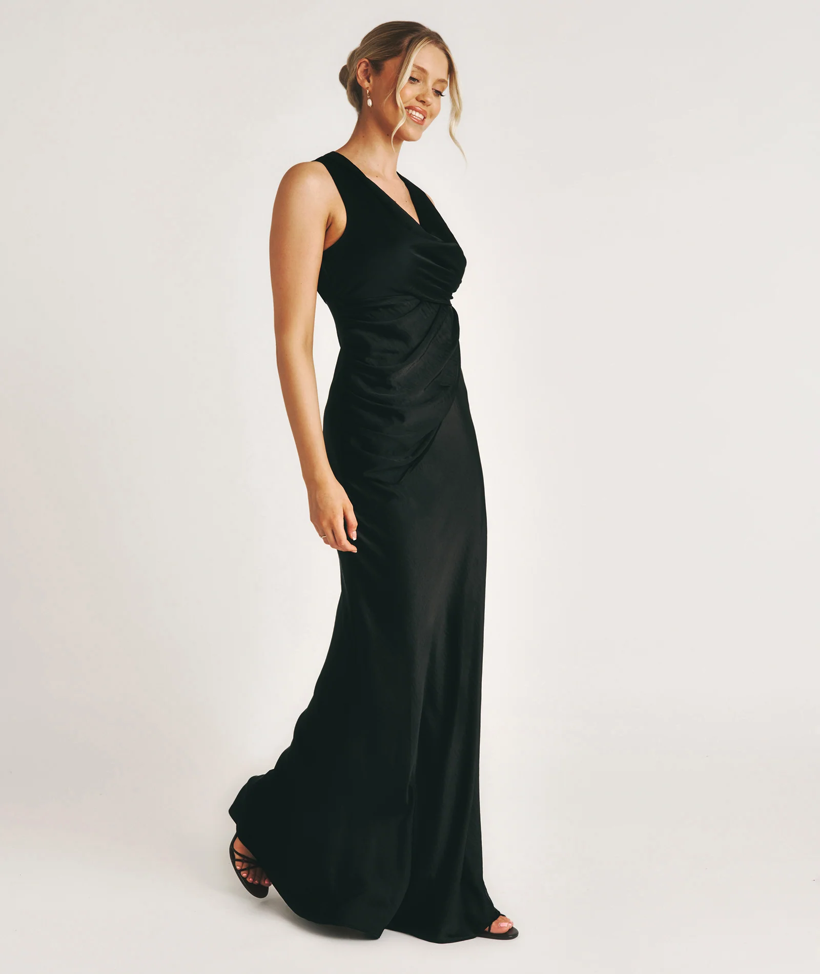 Drape Detail Satin Bridesmaid Dress - Black - Image 2