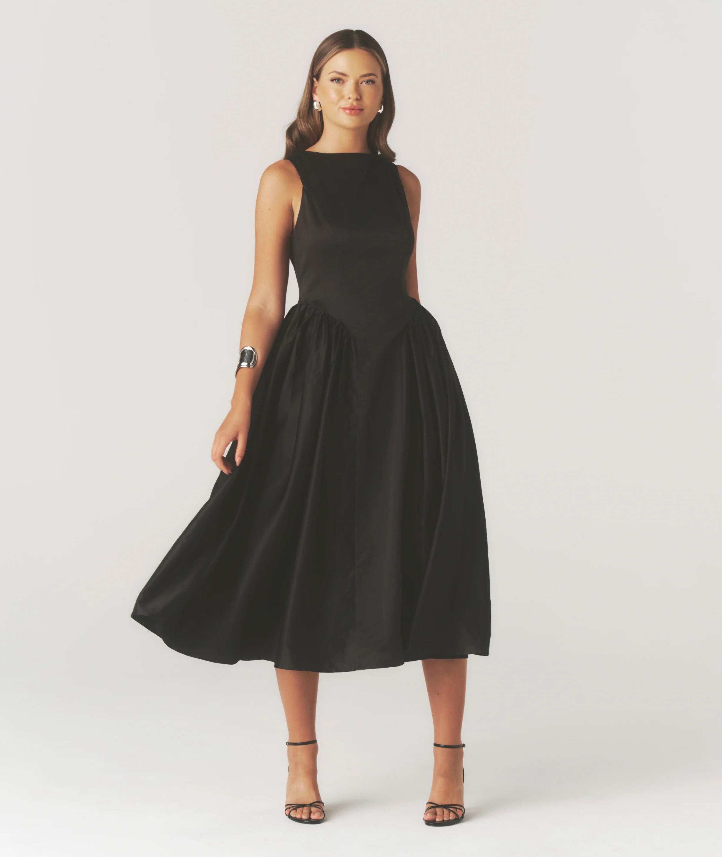 Drop Waist Midi Dress with Volume Skirt - Black - Image 2
