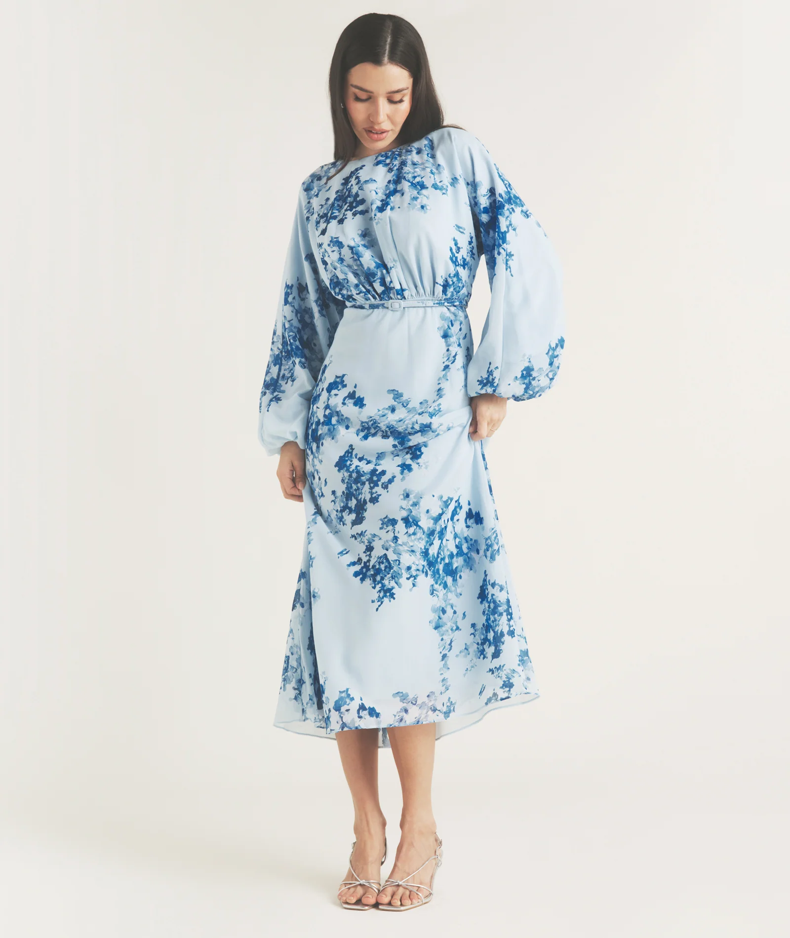 Floral Balloon Sleeve Maxi Dress - Pale Blue