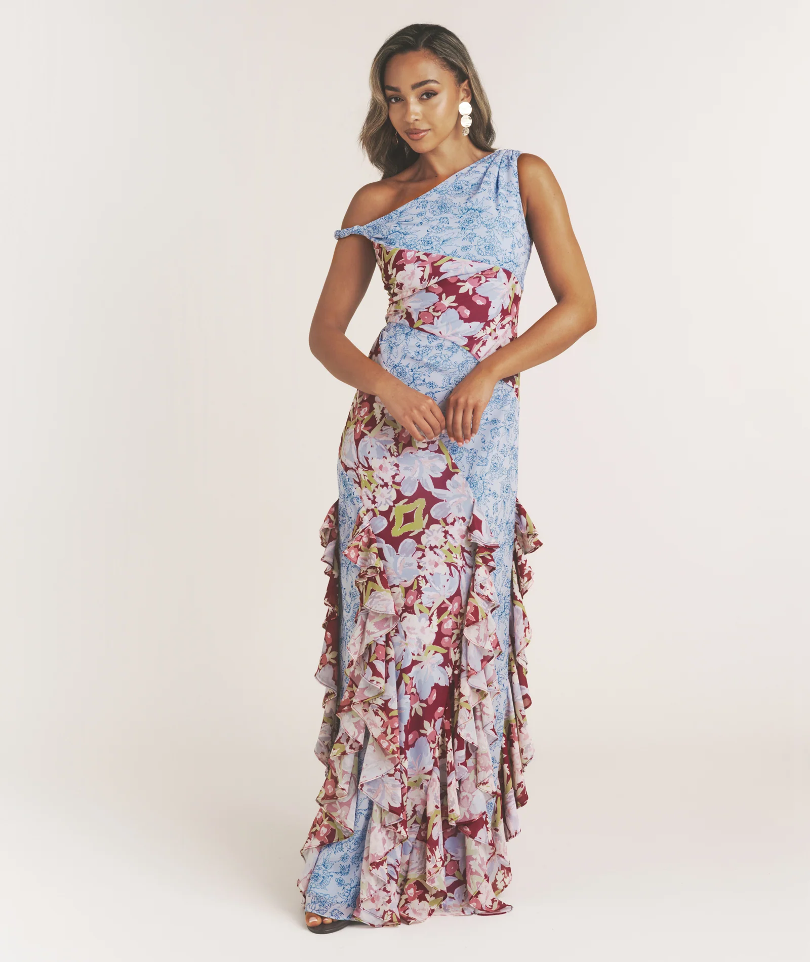 Floral Mixed Print Ruffle Dress - Pale Blue - Image 2
