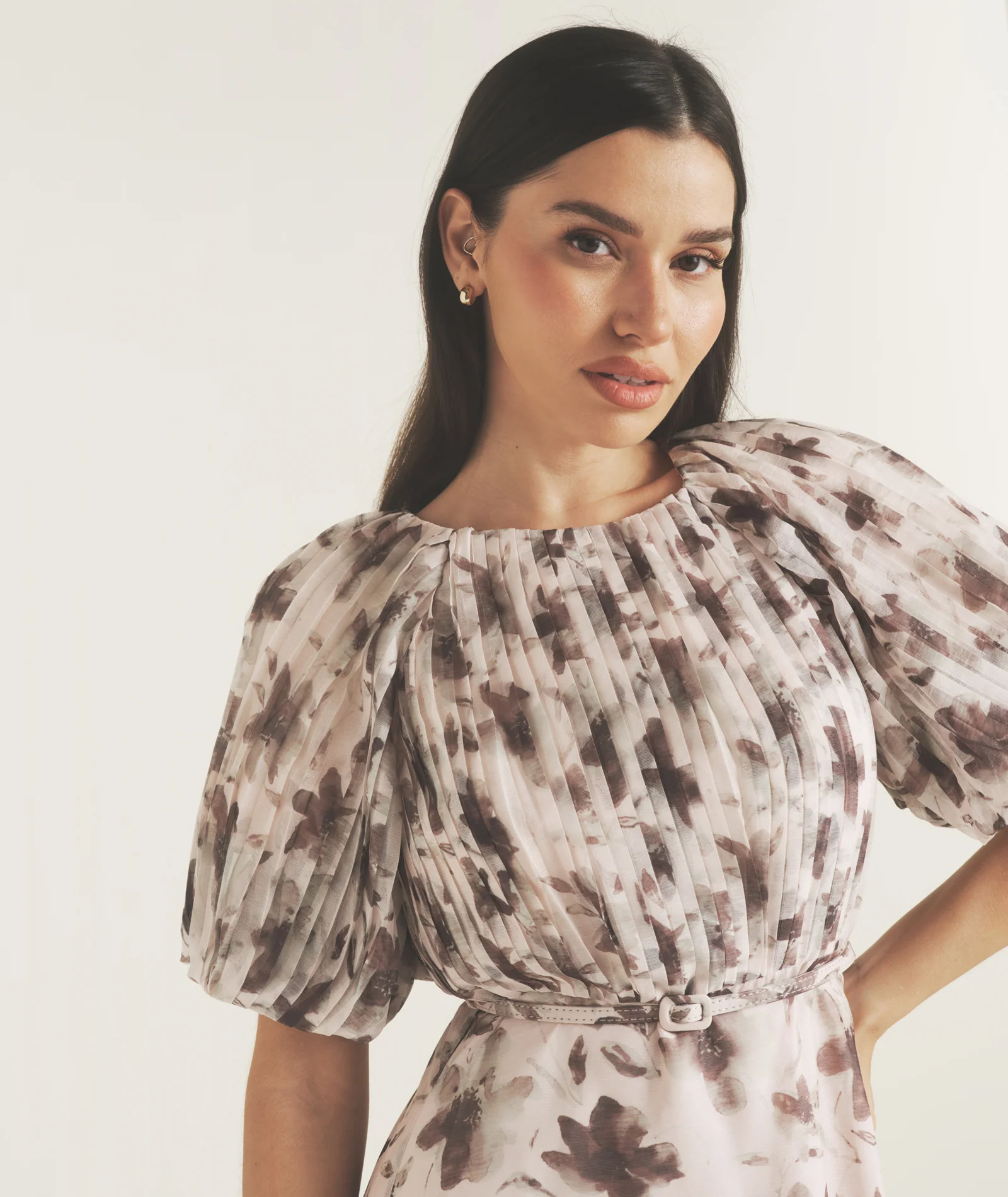 Floral Pleat Detail Midi Dress - Pink - Image 2
