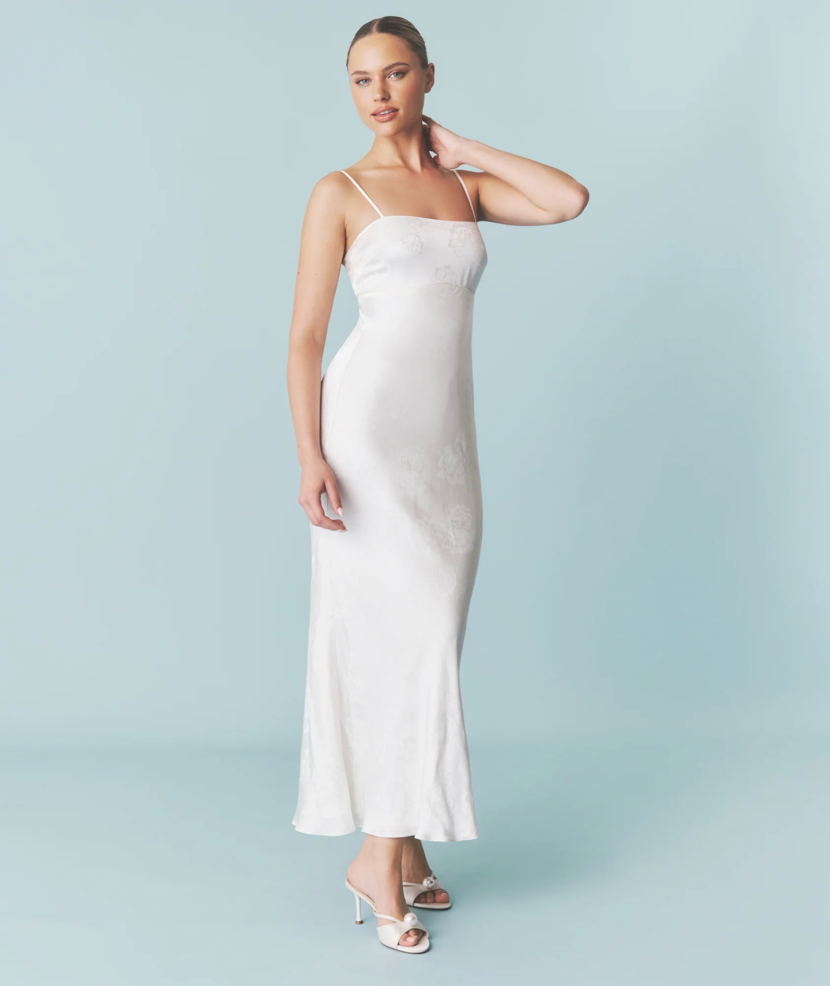 Floral Satin Jacquard Strappy Maxi Dress - Ivory