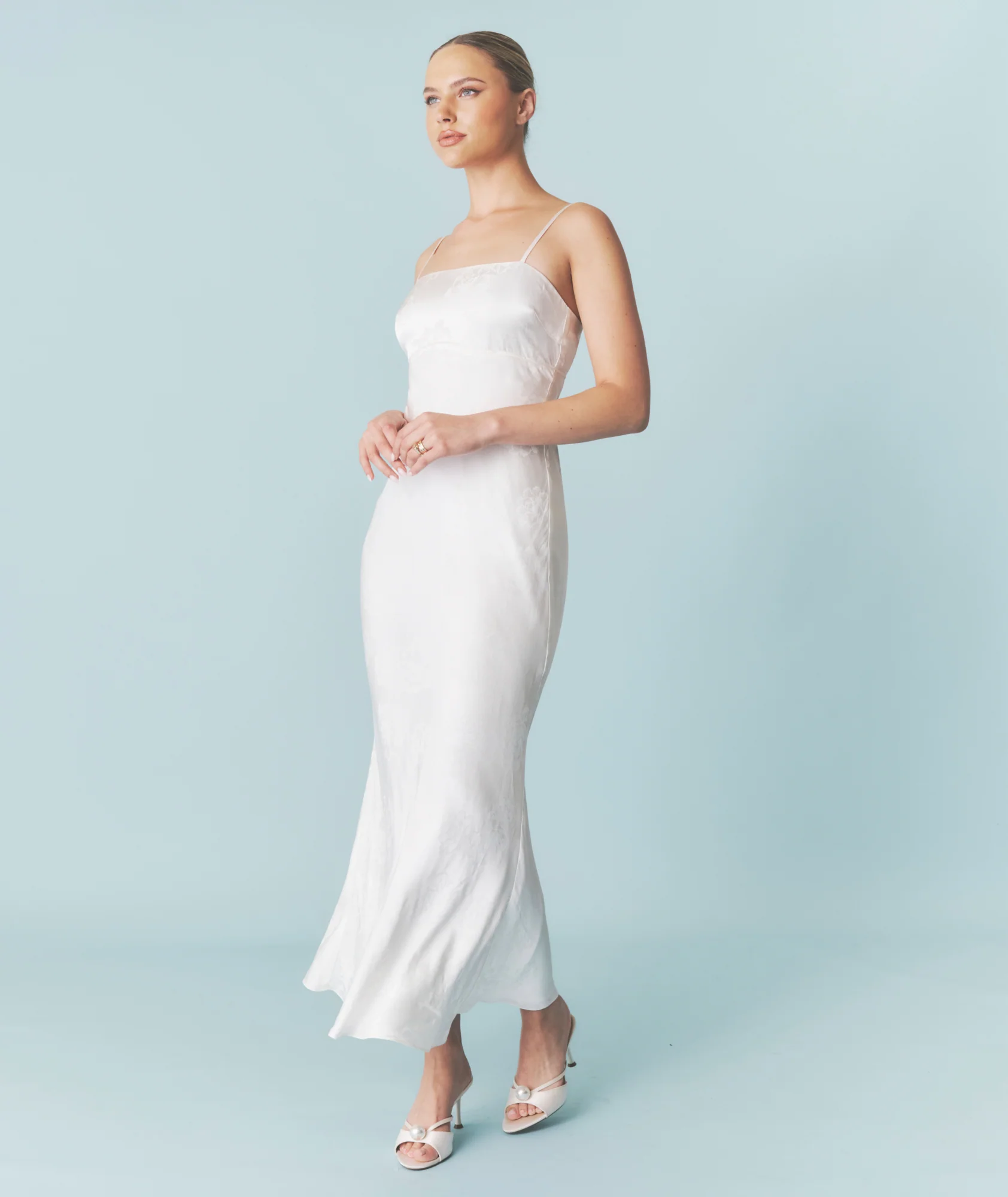 Floral Satin Jacquard Strappy Maxi Dress - Ivory - Image 3