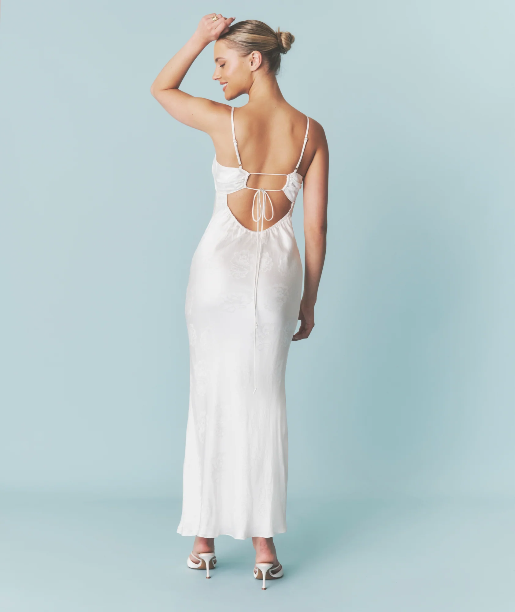 Floral Satin Jacquard Strappy Maxi Dress - Ivory - Image 5