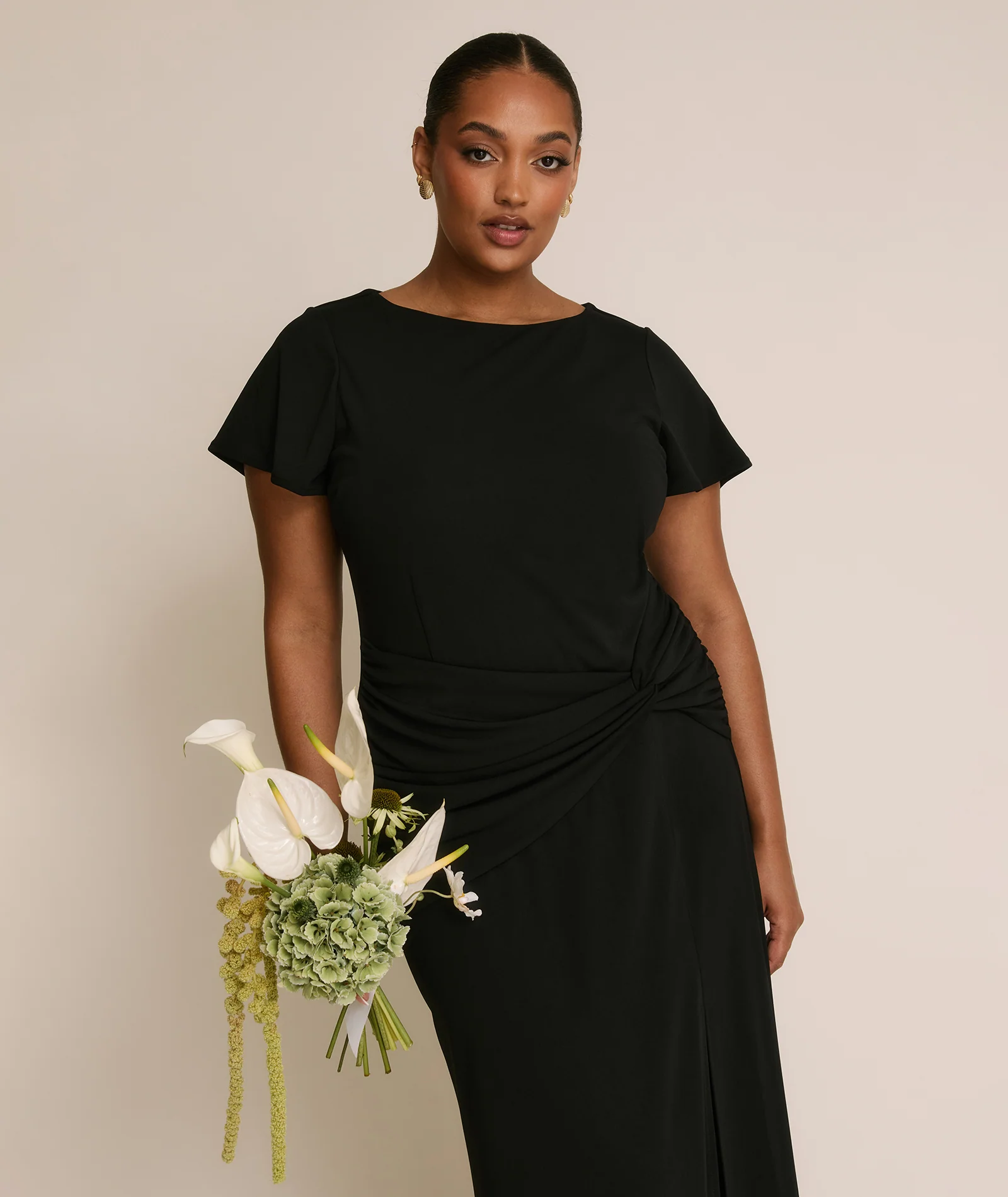 Flutter Sleeve Stretch Sculpt Bridesmaid Dress - Black - Image 4