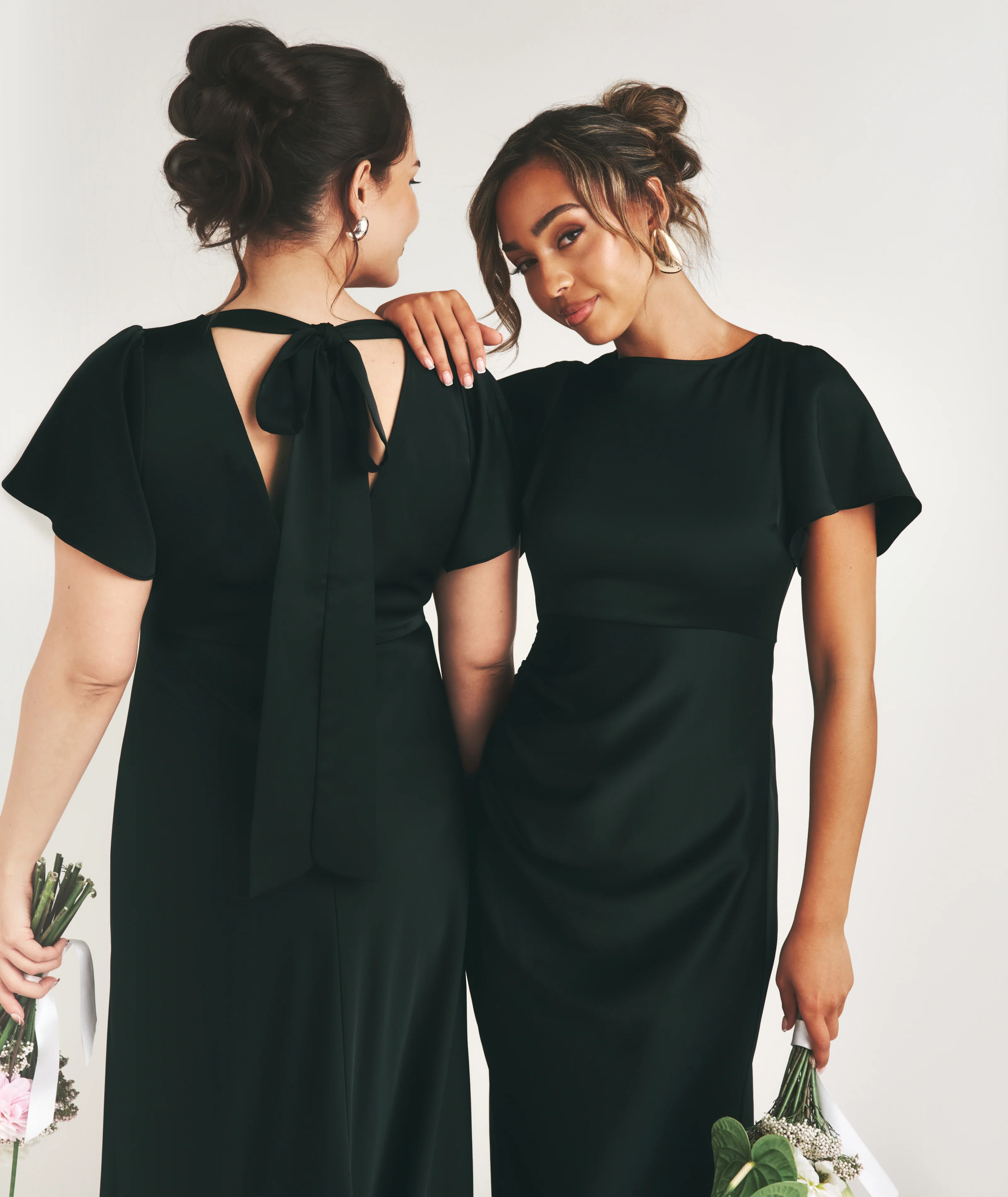 Flutter Sleeve Tie Back Satin Bridesmaid Dress - Black - Image 2