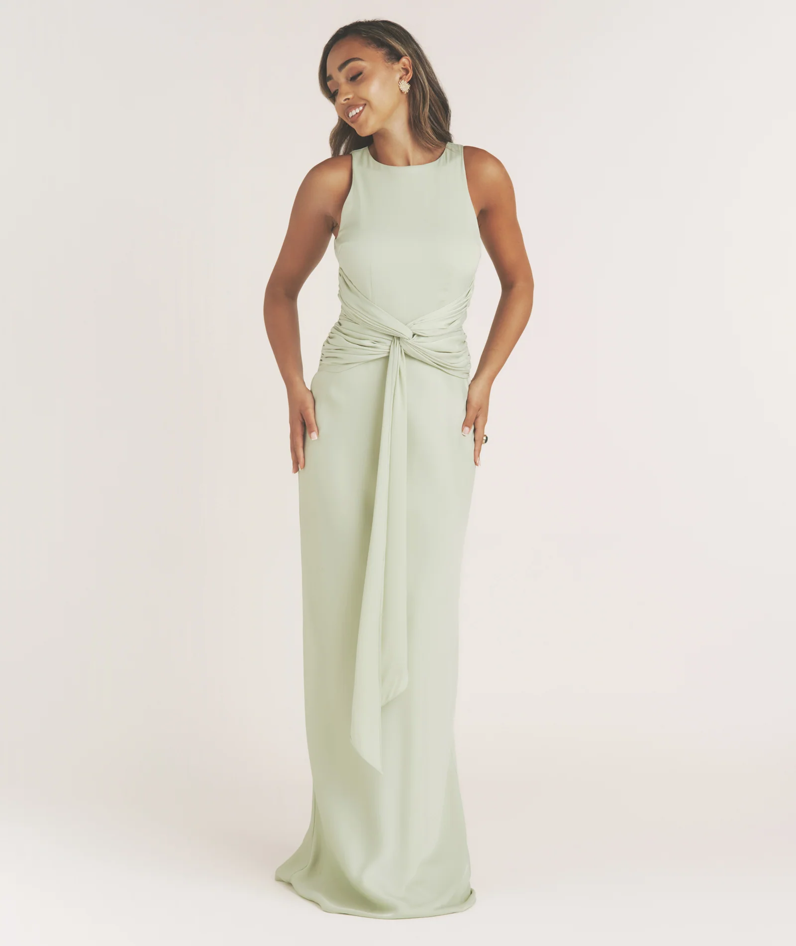 Twist Drape Satin Maxi Dress - Sage