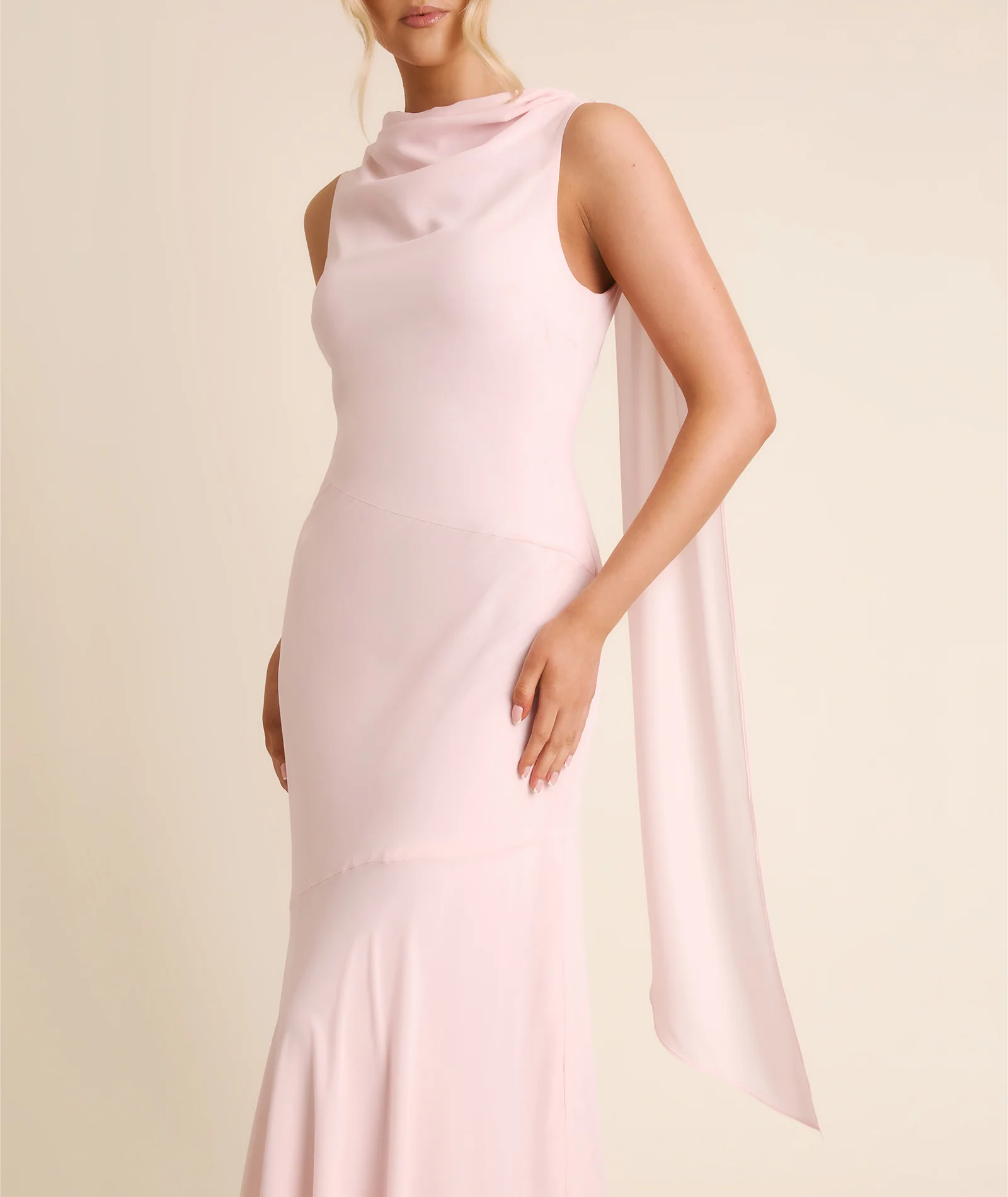 High Cowl Neck Drape Chiffon Bridesmaid Dress - Blush Pink - Image 3