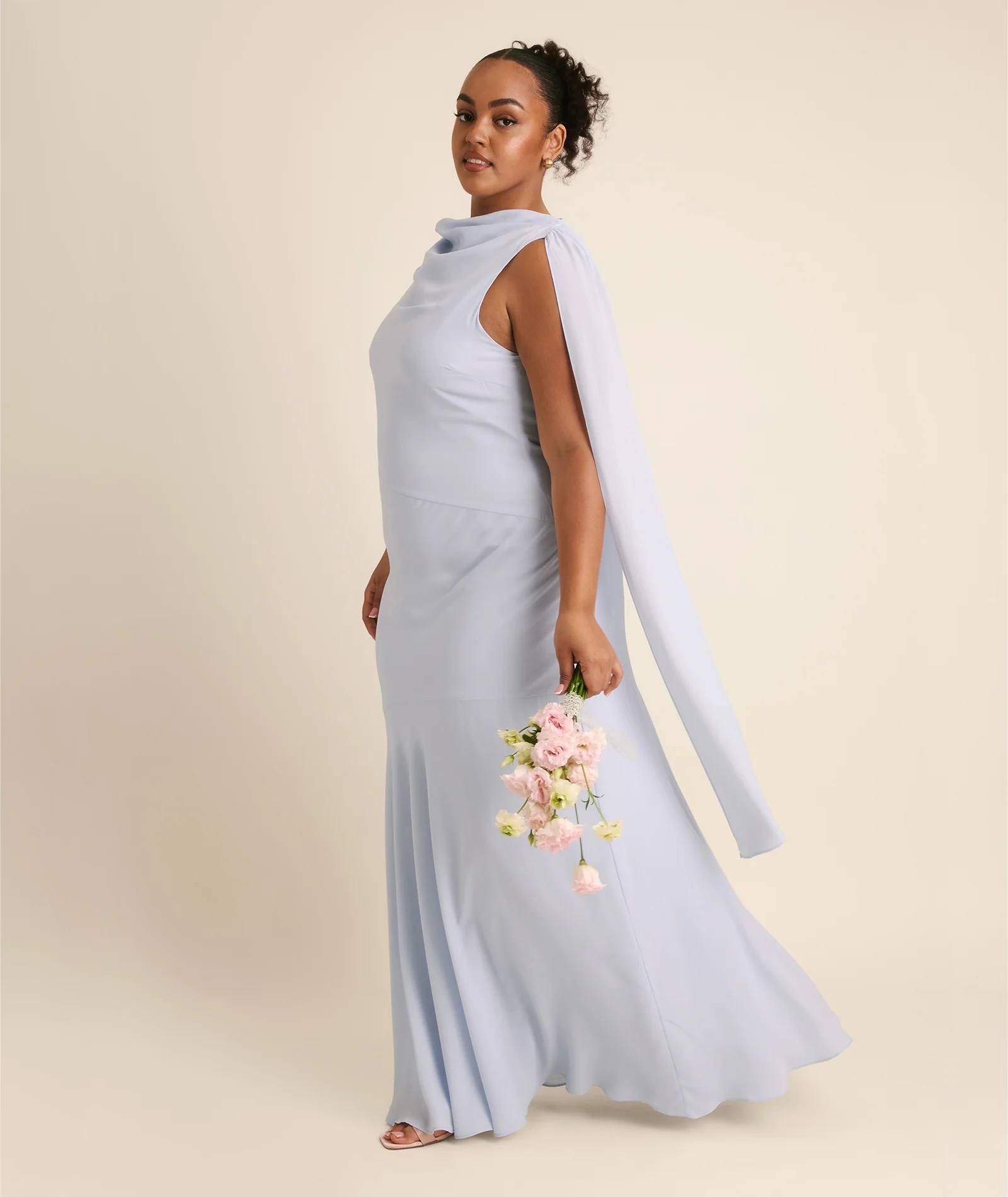 High Cowl Neck Drape Chiffon Bridesmaid Dress - Powder Blue - Image 4