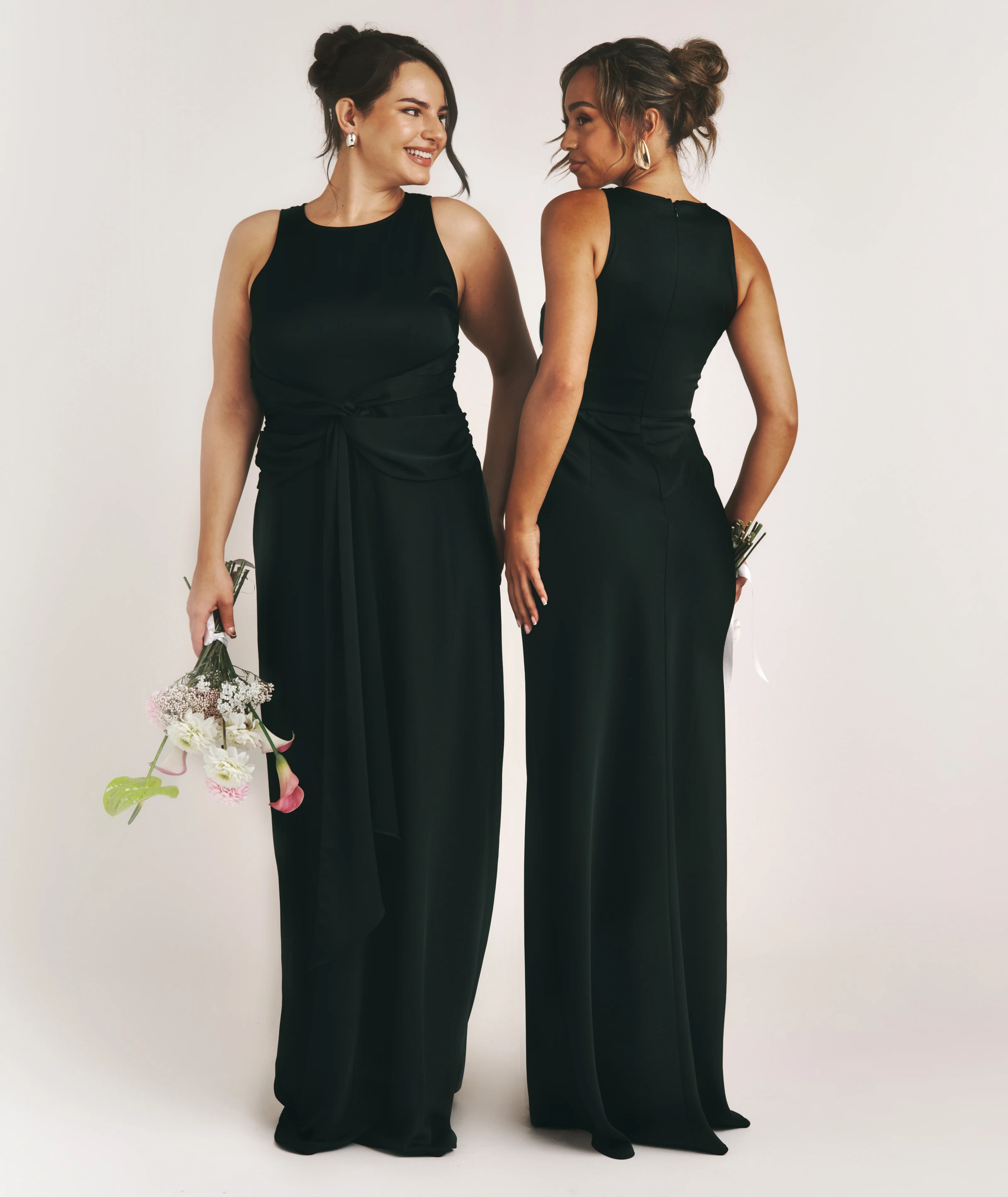 Knot Front Drape Detail Satin Bridesmaid Dress - Black - Image 2