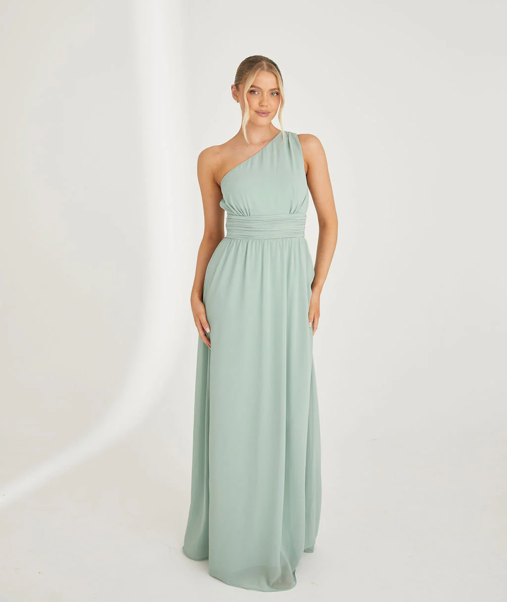 One Shoulder Chiffon Bridesmaid Dress - Sage - Image 5