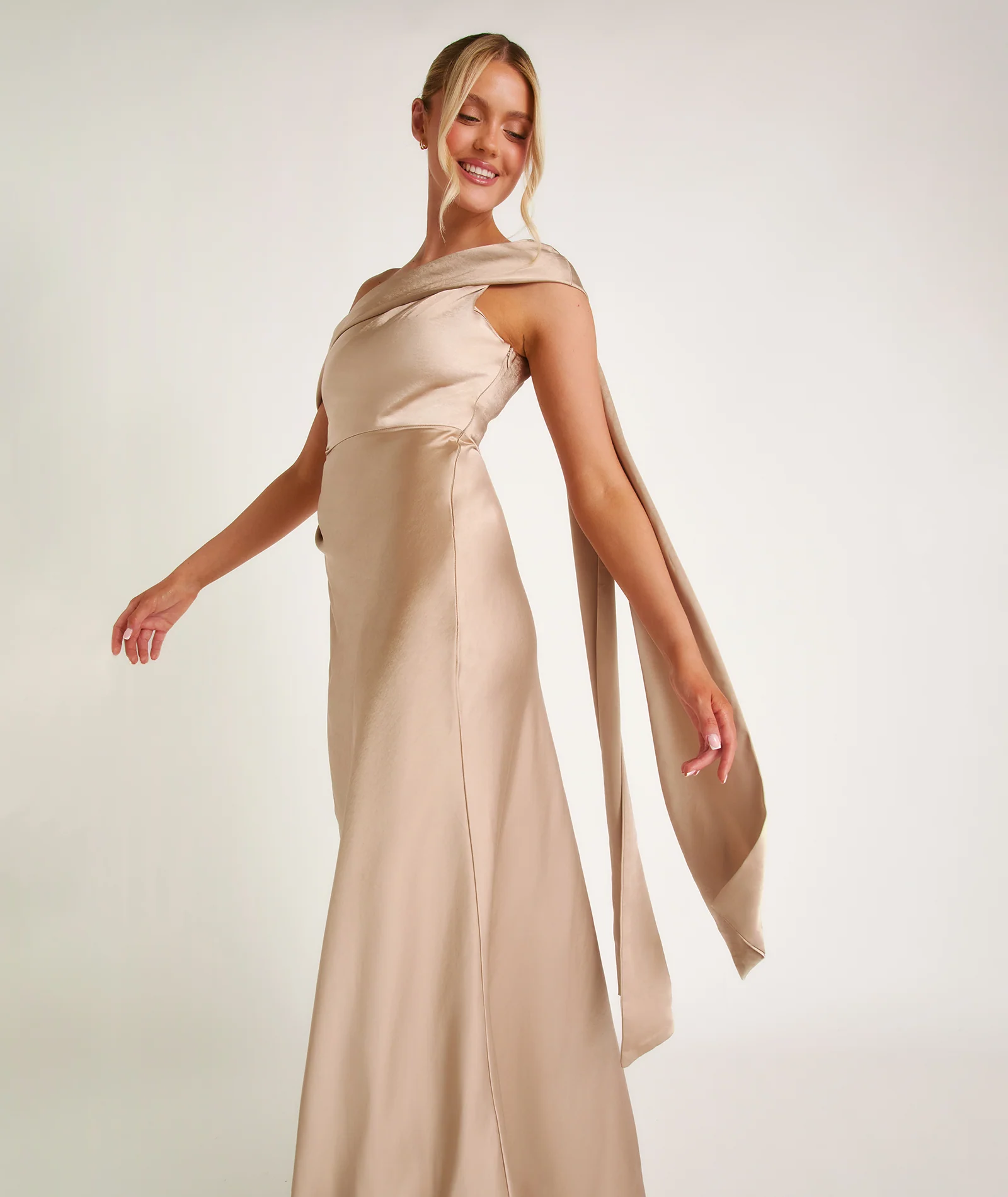 One Shoulder Drape Satin Bridesmaid Dress - Champagne - Image 2