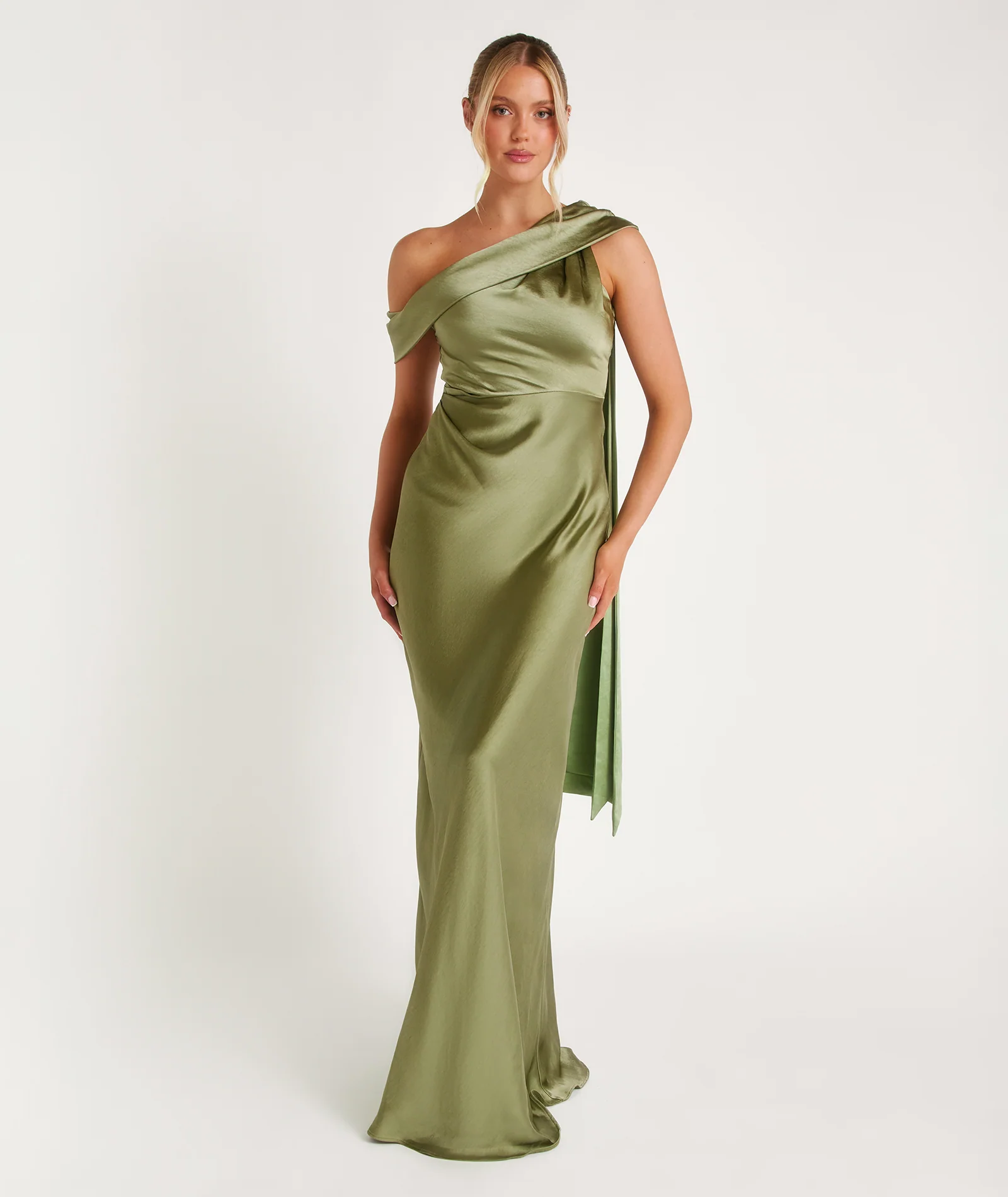 One Shoulder Drape Satin Bridesmaid Dress - Moss Green