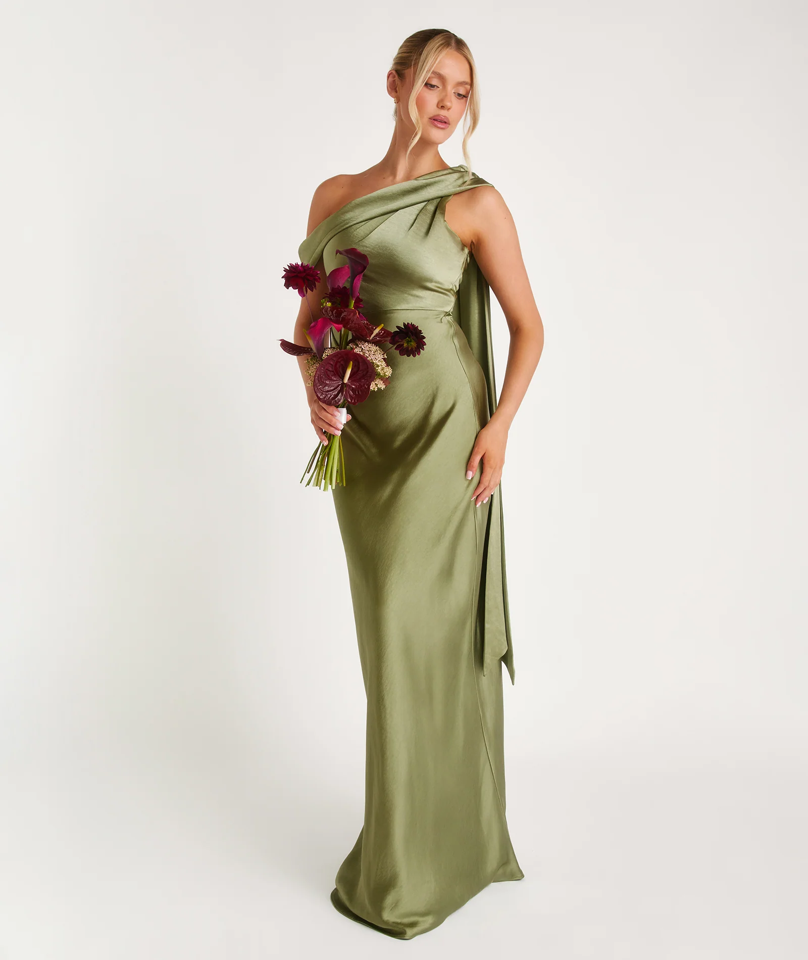 One Shoulder Drape Satin Bridesmaid Dress - Moss Green - Image 2