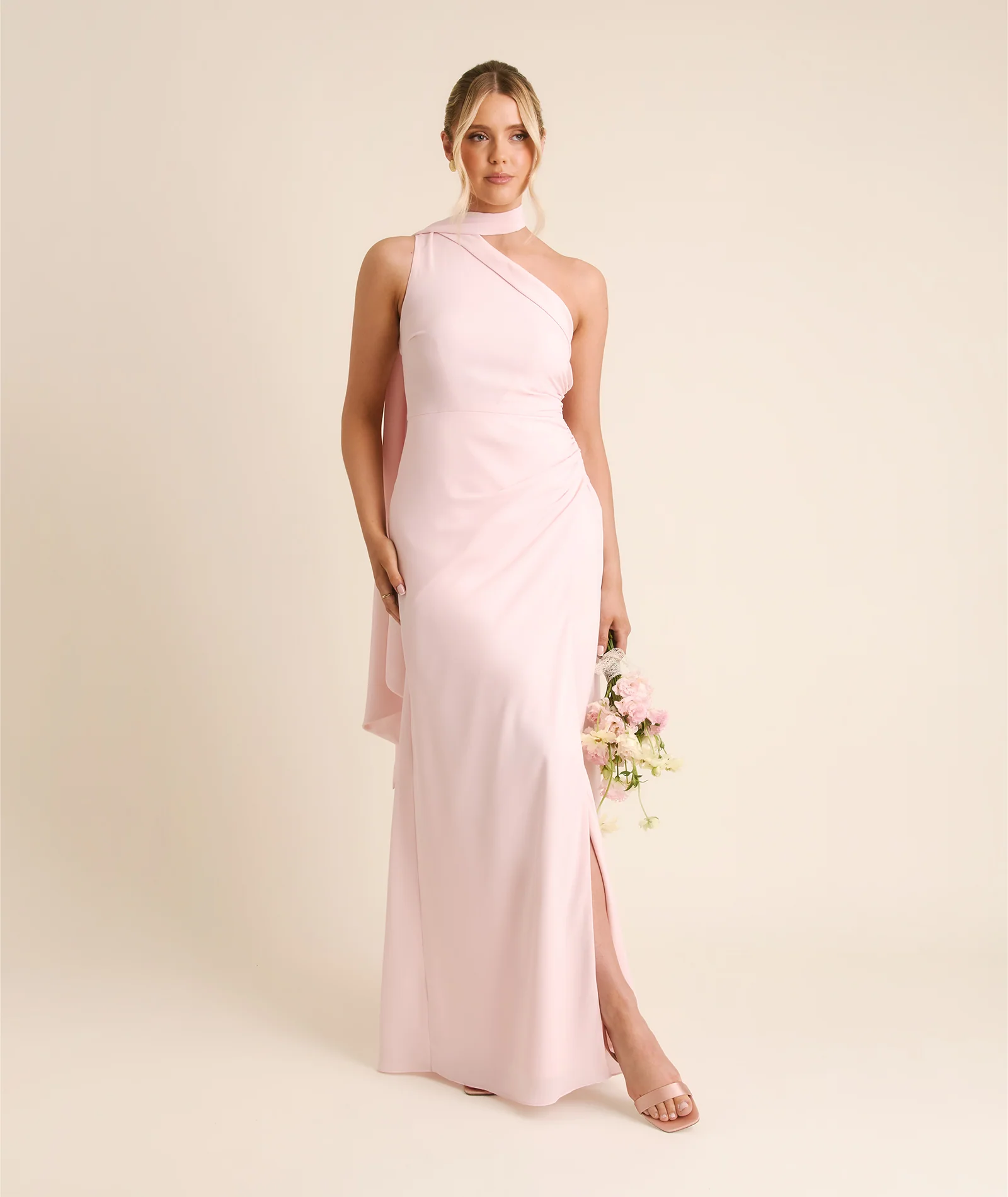 One Shoulder Neck Tie Chiffon Bridesmaid Dress - Blush Pink
