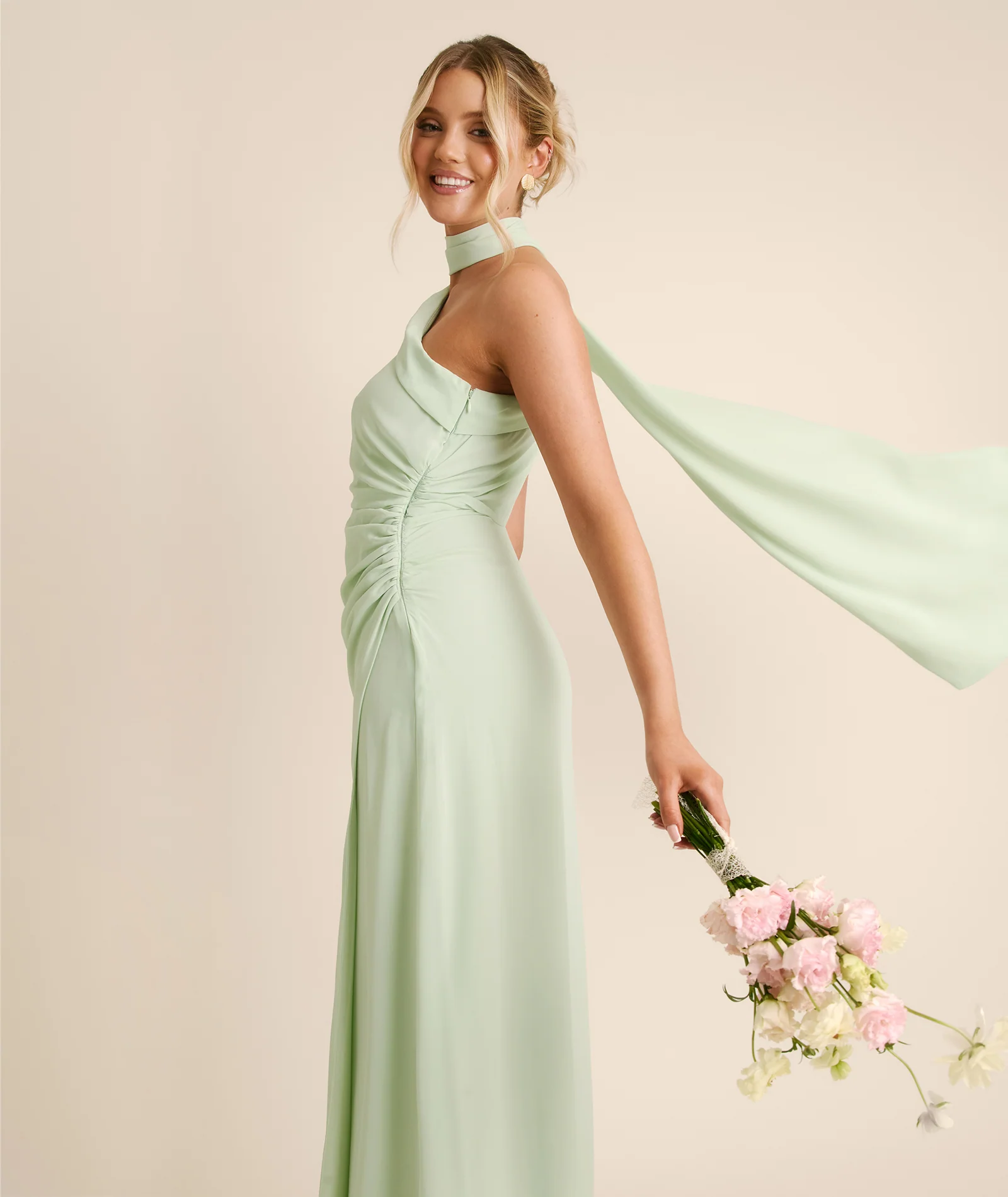 One Shoulder Neck Tie Chiffon Bridesmaid Dress - Mint Green - Image 3