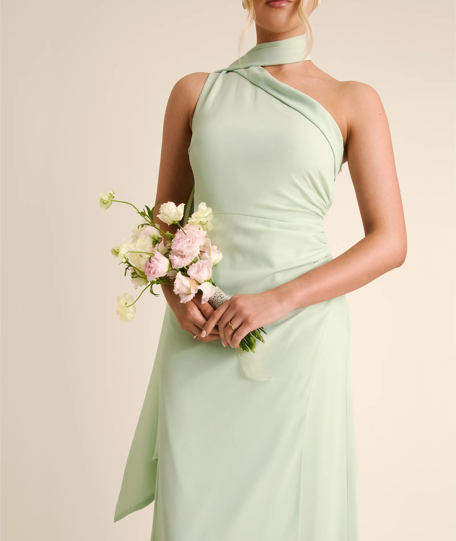 One Shoulder Neck Tie Chiffon Bridesmaid Dress - Mint Green - Image 6