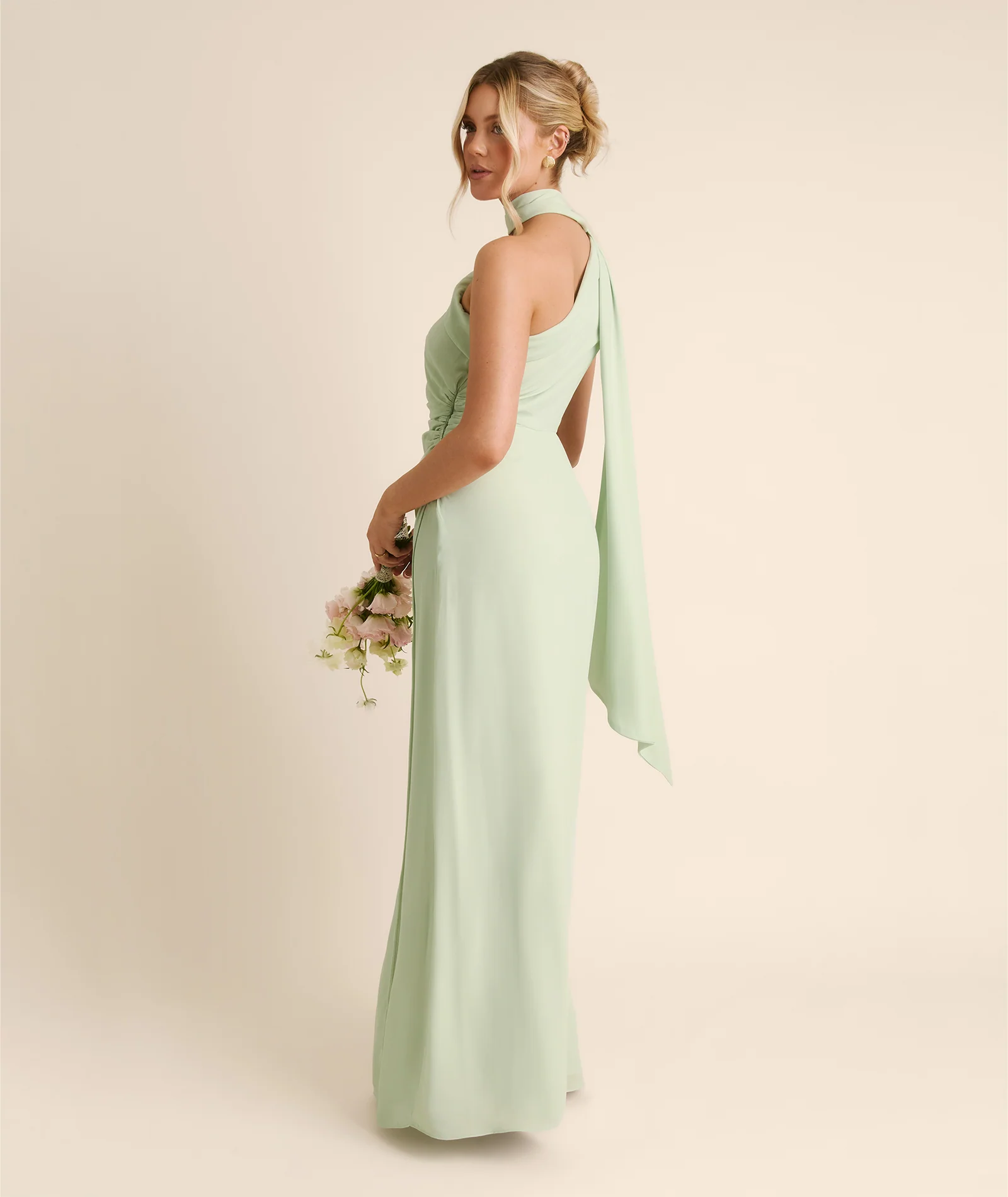 One Shoulder Neck Tie Chiffon Bridesmaid Dress - Mint Green - Image 7