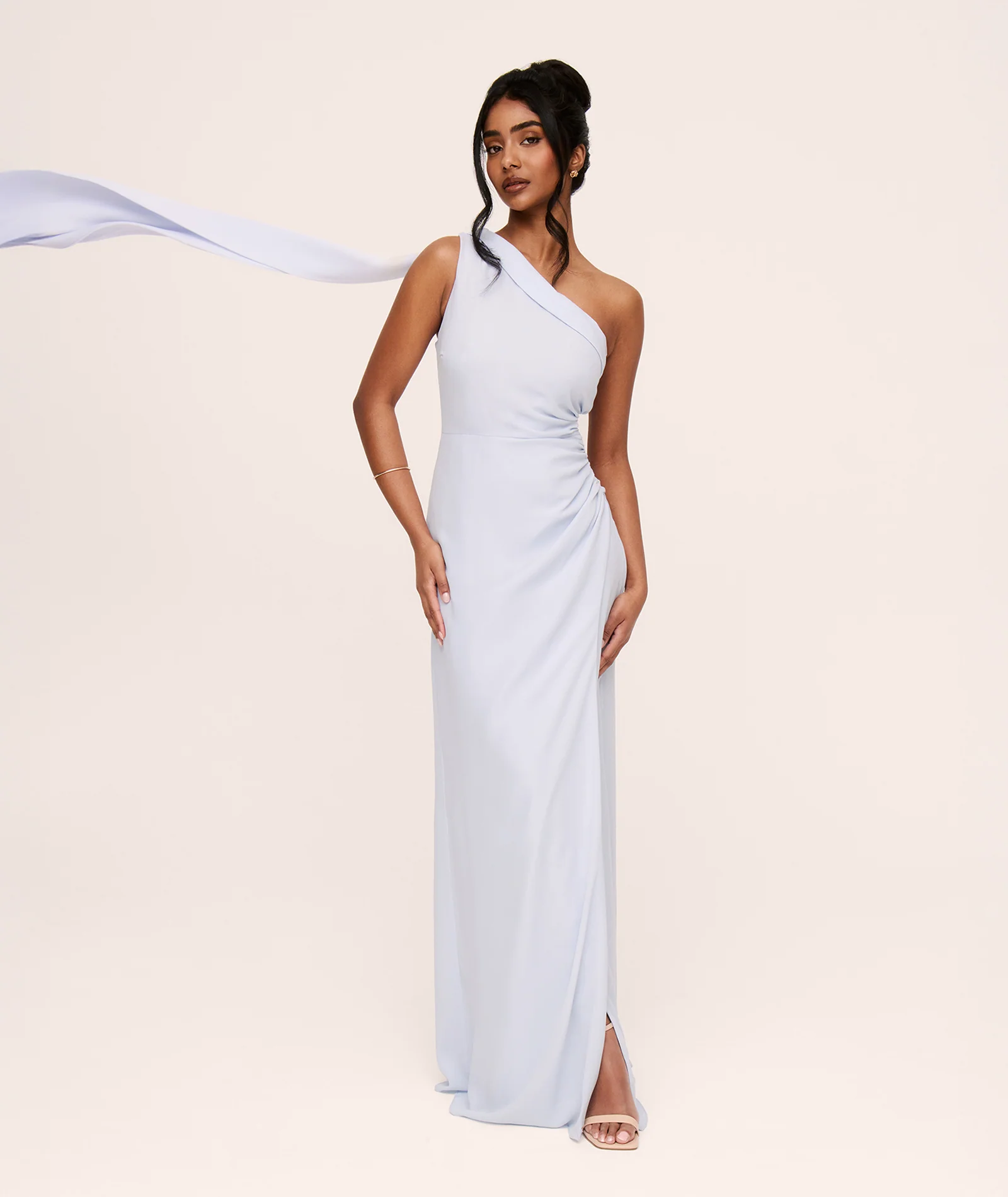 One Shoulder Neck Tie Chiffon Bridesmaid Dress - Powder Blue