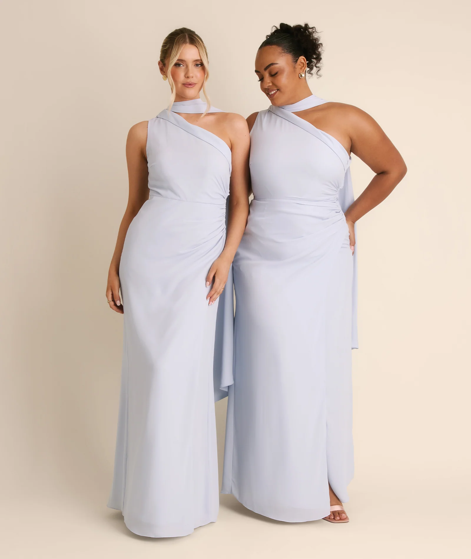One Shoulder Neck Tie Chiffon Bridesmaid Dress - Powder Blue - Image 2
