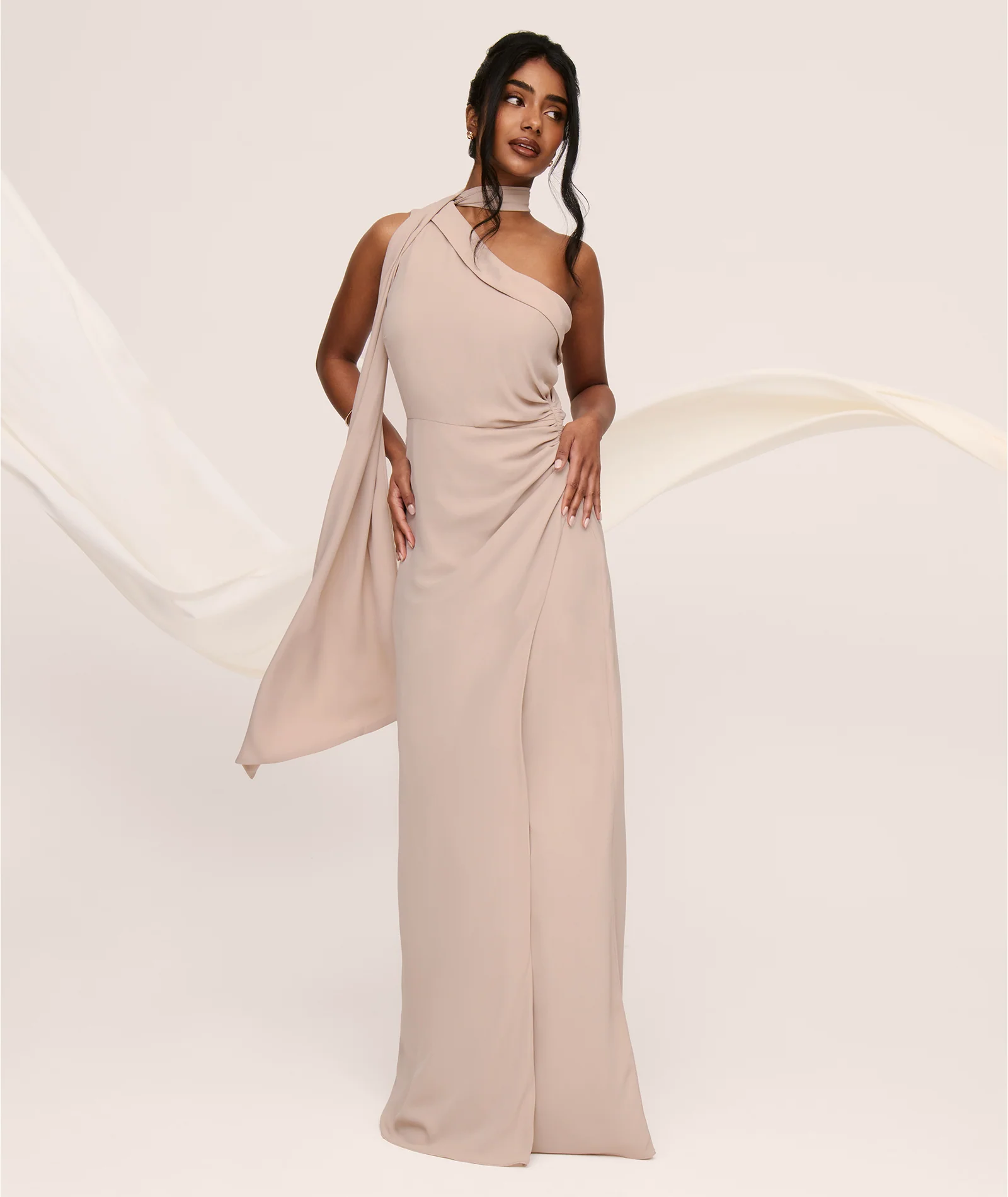 One Shoulder Neck Tie Chiffon Bridesmaid Dress - Taupe