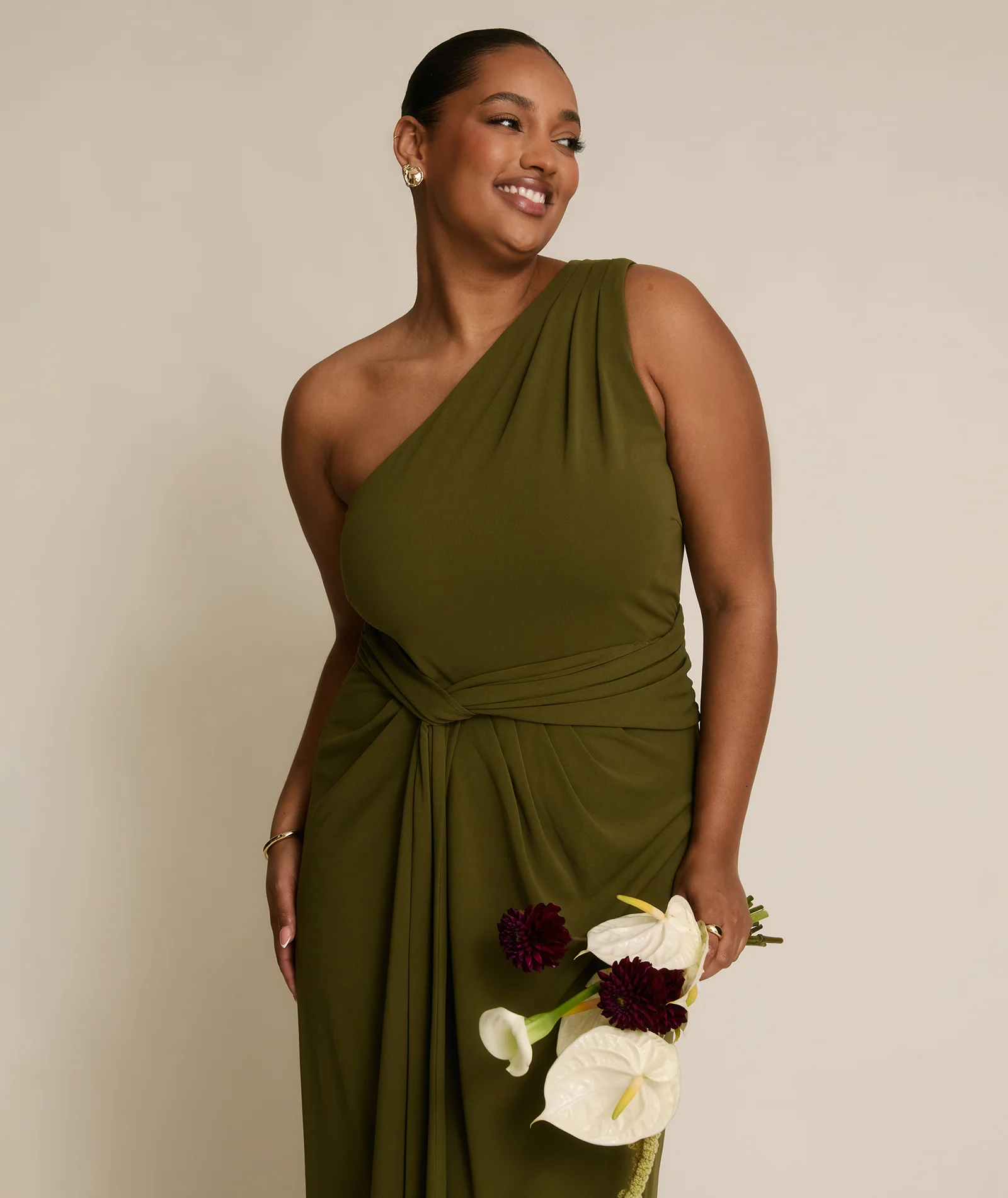 One Shoulder Stretch Sculpt Bridesmaid Dress - Fern Green - Image 2
